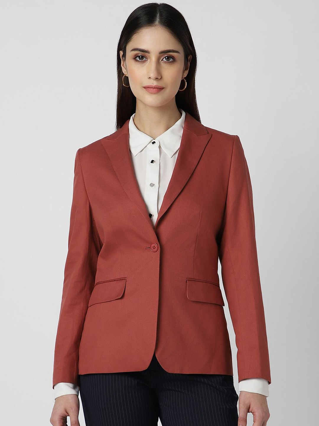 

Van Heusen Woman Self Design Pure Cotton Single-Breasted Formal Blazer, Red