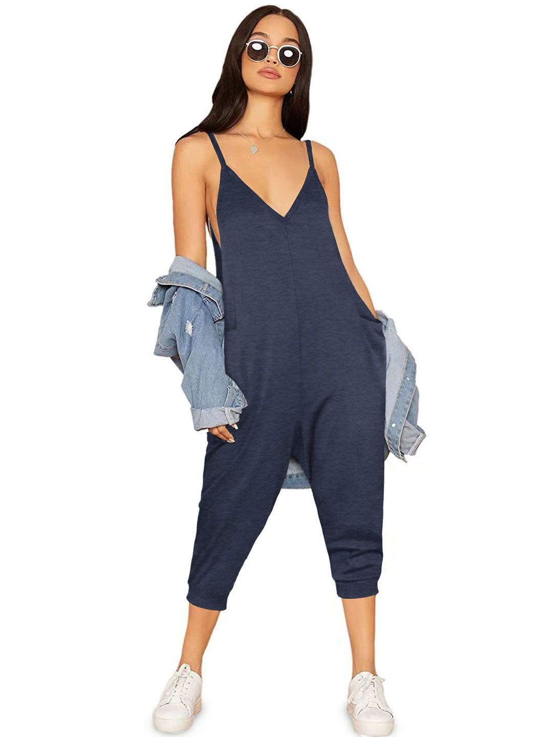 

StyleCast Women V neck Shoulder Straps Blue Jumpsuit
