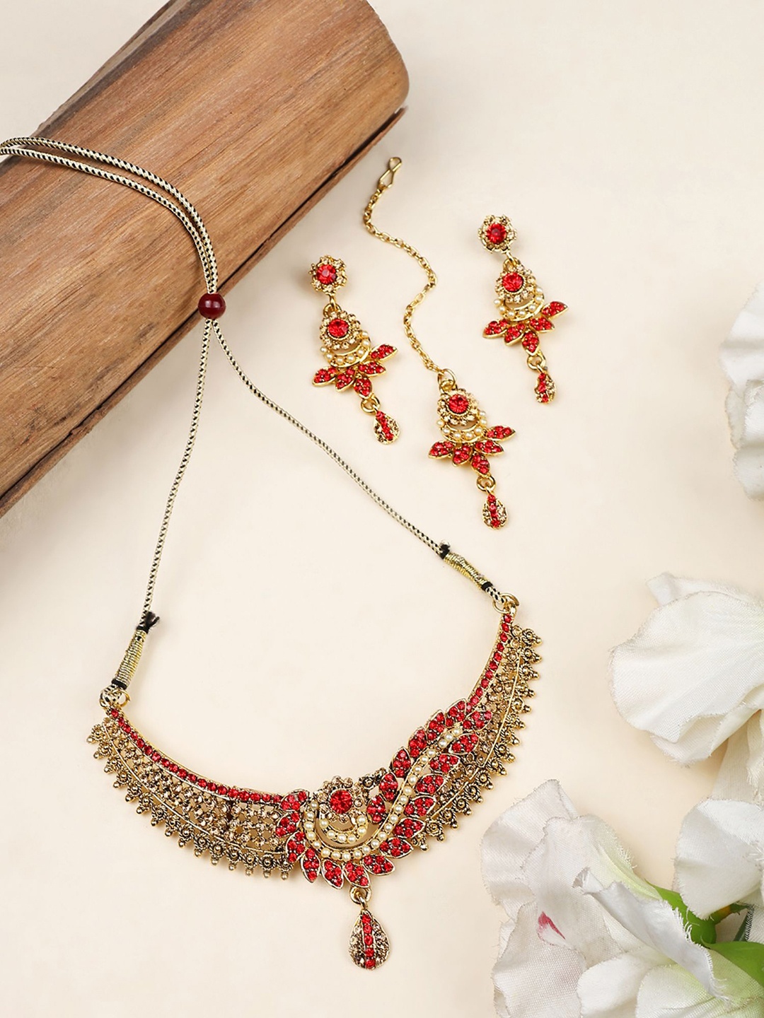 

ANIKAS CREATION Gold-Plated CZ-Studded Necklace & Earrings With Maang Tika