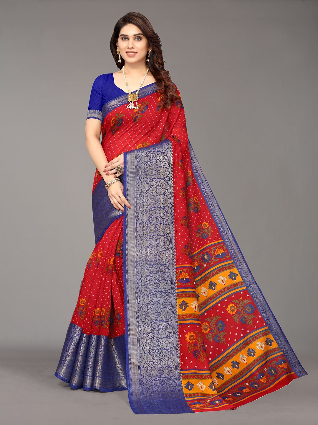 

VIRICA Floral Printed Zari Banarasi Saree, Red