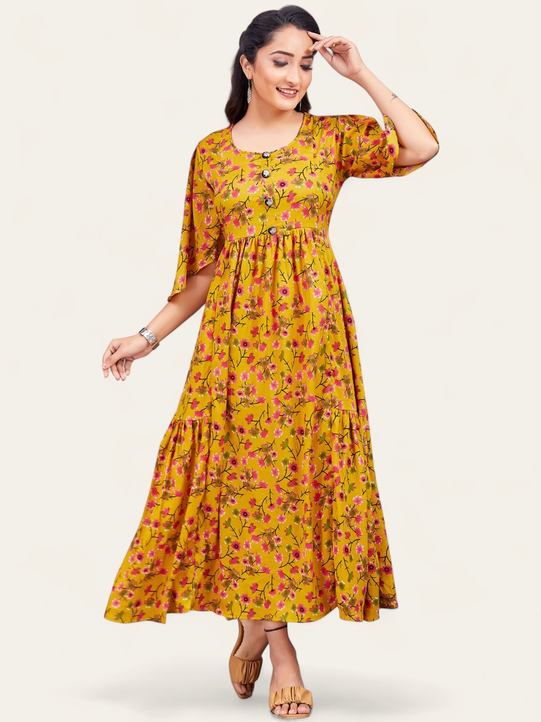 

PAMPER YOURSELF Floral Printed Floral Anarkali Ethnic Dresses, Mustard