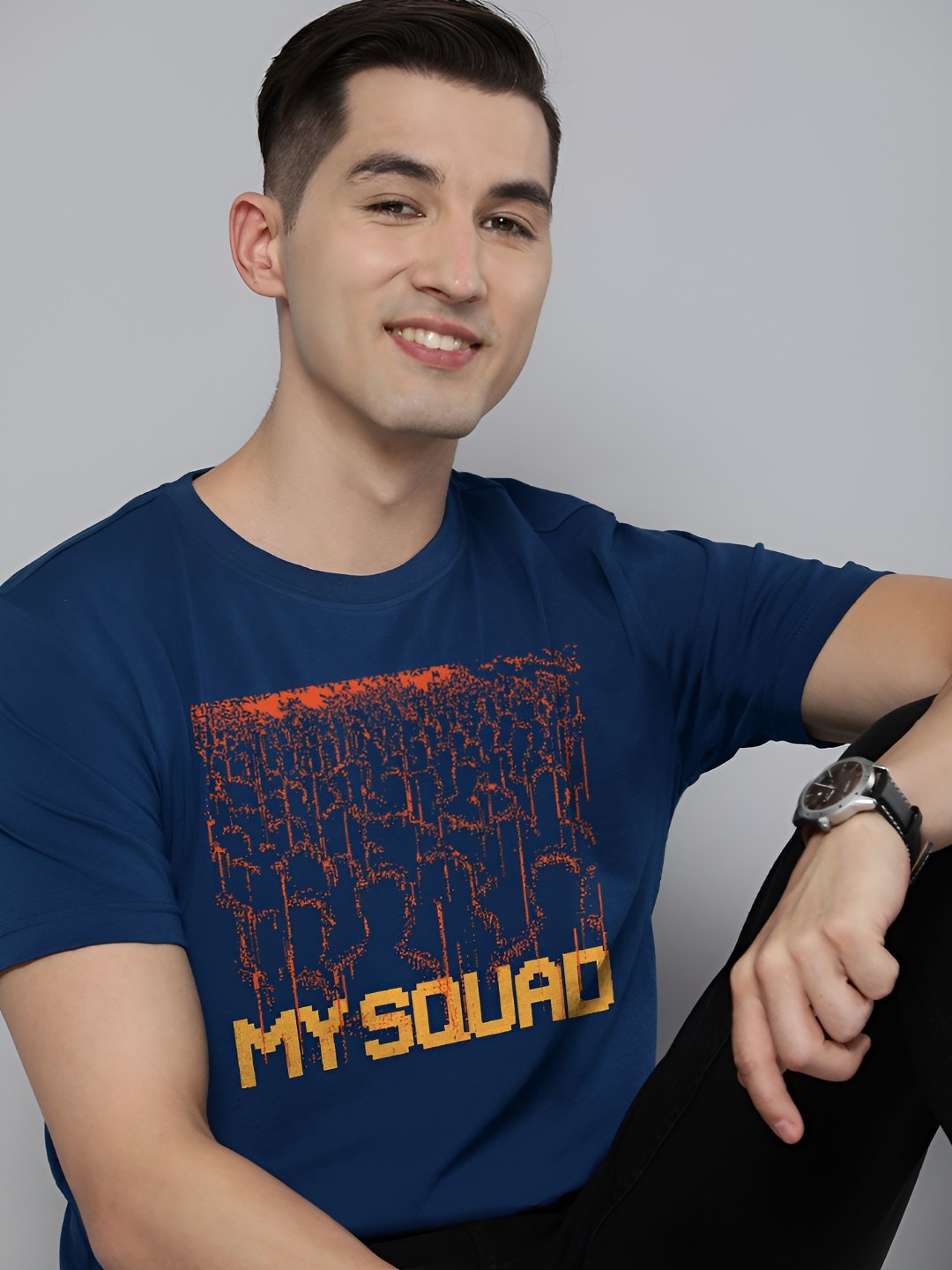 

HERE&NOW Men Graphic Printed Round Neck Cotton T-shirt, Navy blue