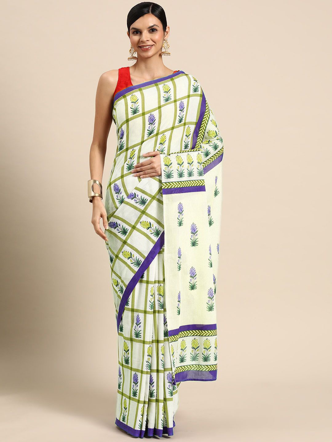 

BUTA BUTI Checked Pure Cotton Saree, Olive