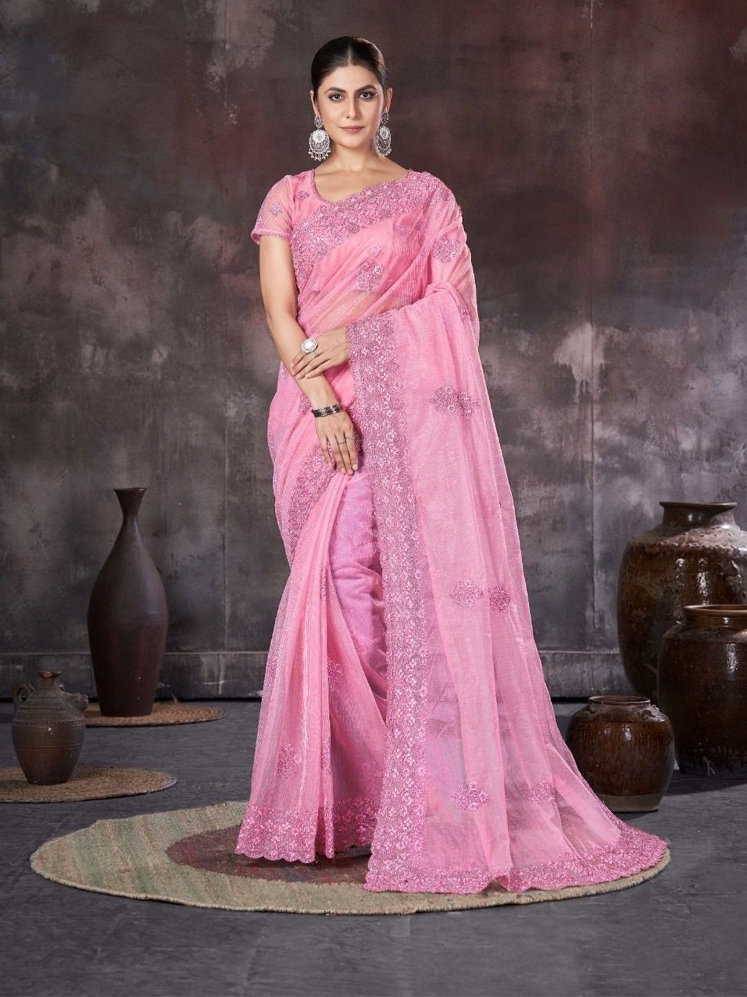 

Mitera Floral Embroidered Organza Saree, Pink