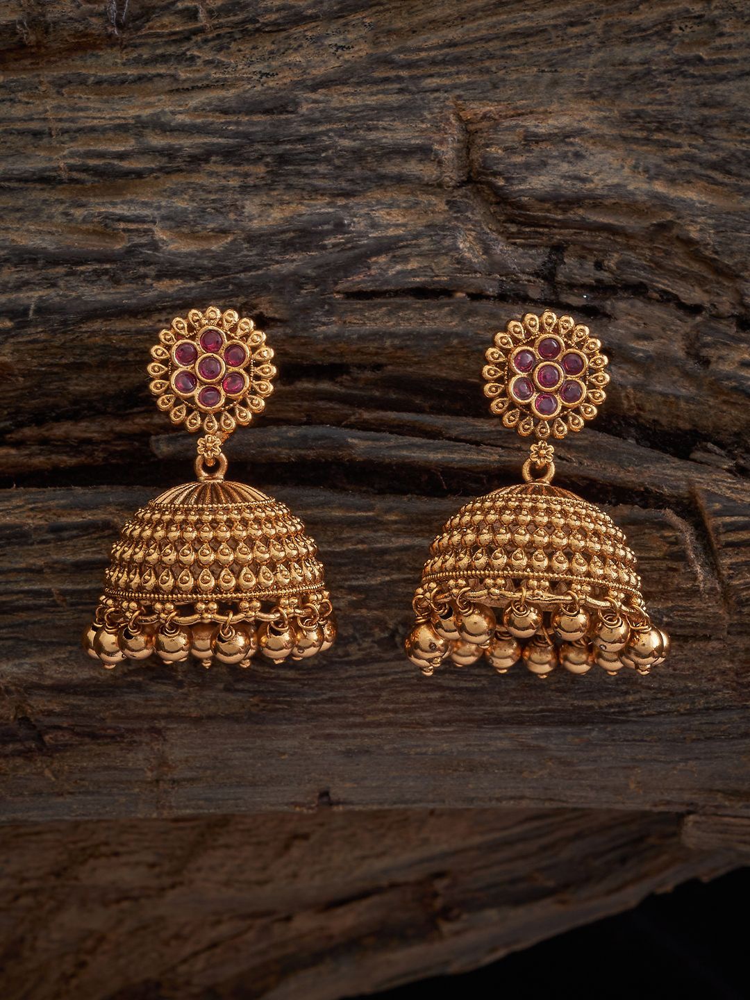 

Kushal's Fashion Jewellery Gold-Plated Stone Studded Dome Shaped Antique Jhumkas, Red