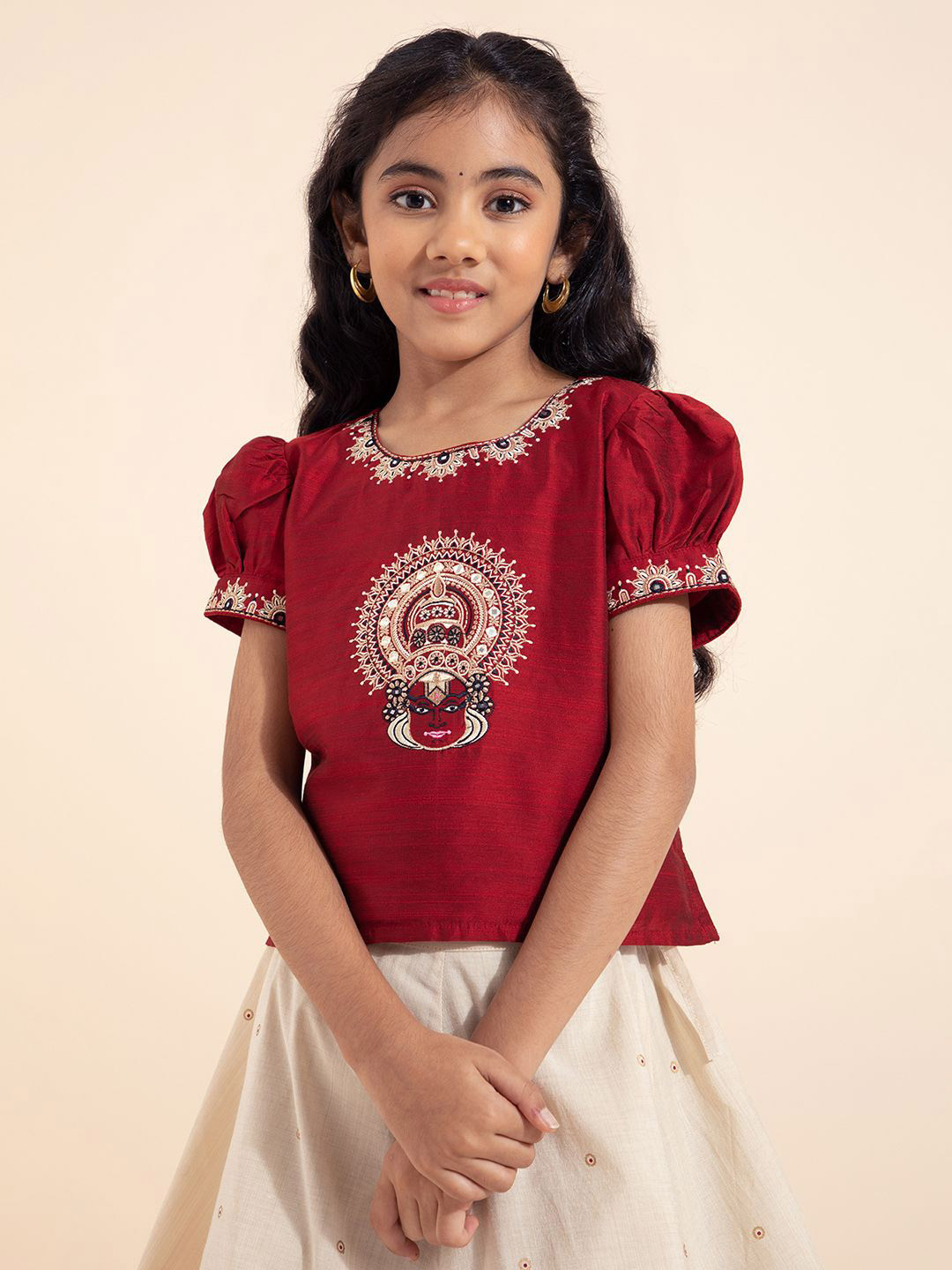 

Maybell Girls Kathakali Printed Ready to Wear Lehenga & Blouse, Red