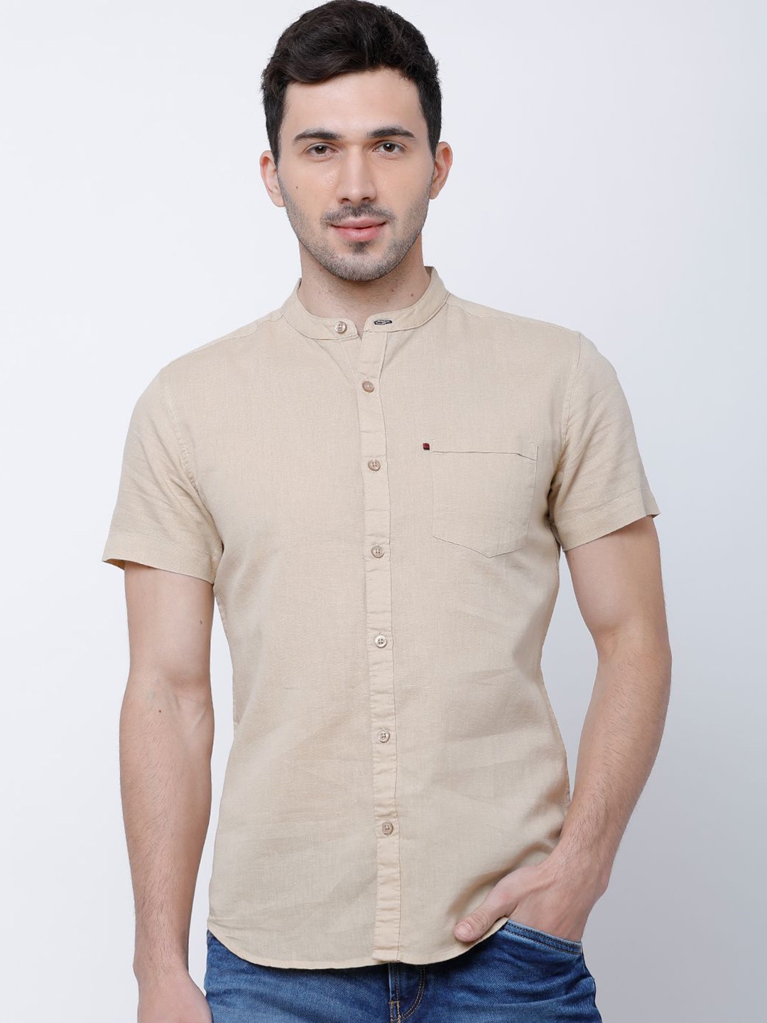 

HIGHLANDER Men Solid Cotton Linen Half Sleeve Shirt, Beige