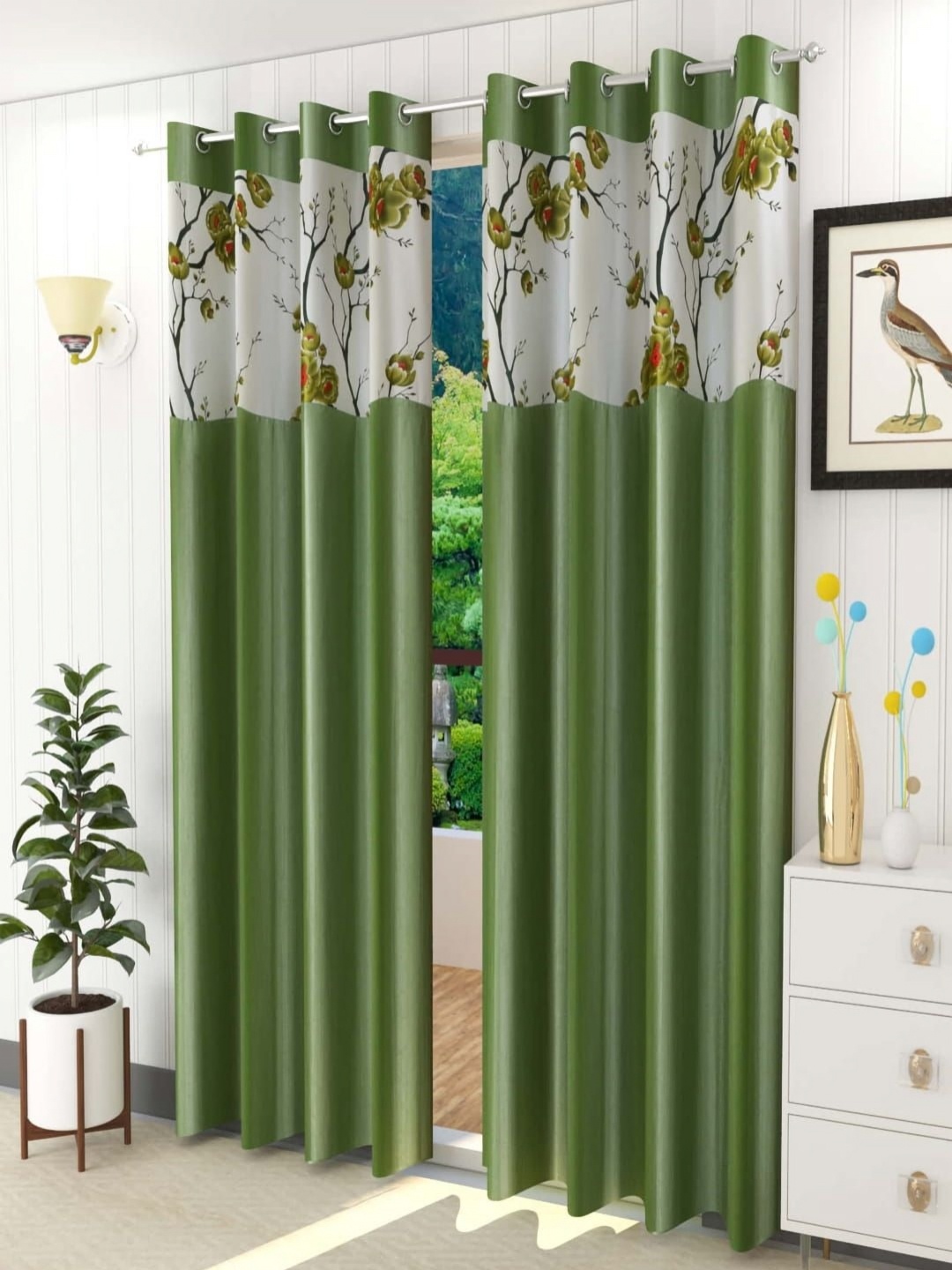 

AADI TRADERS Green & White 2 Pieces Floral Window Curtains