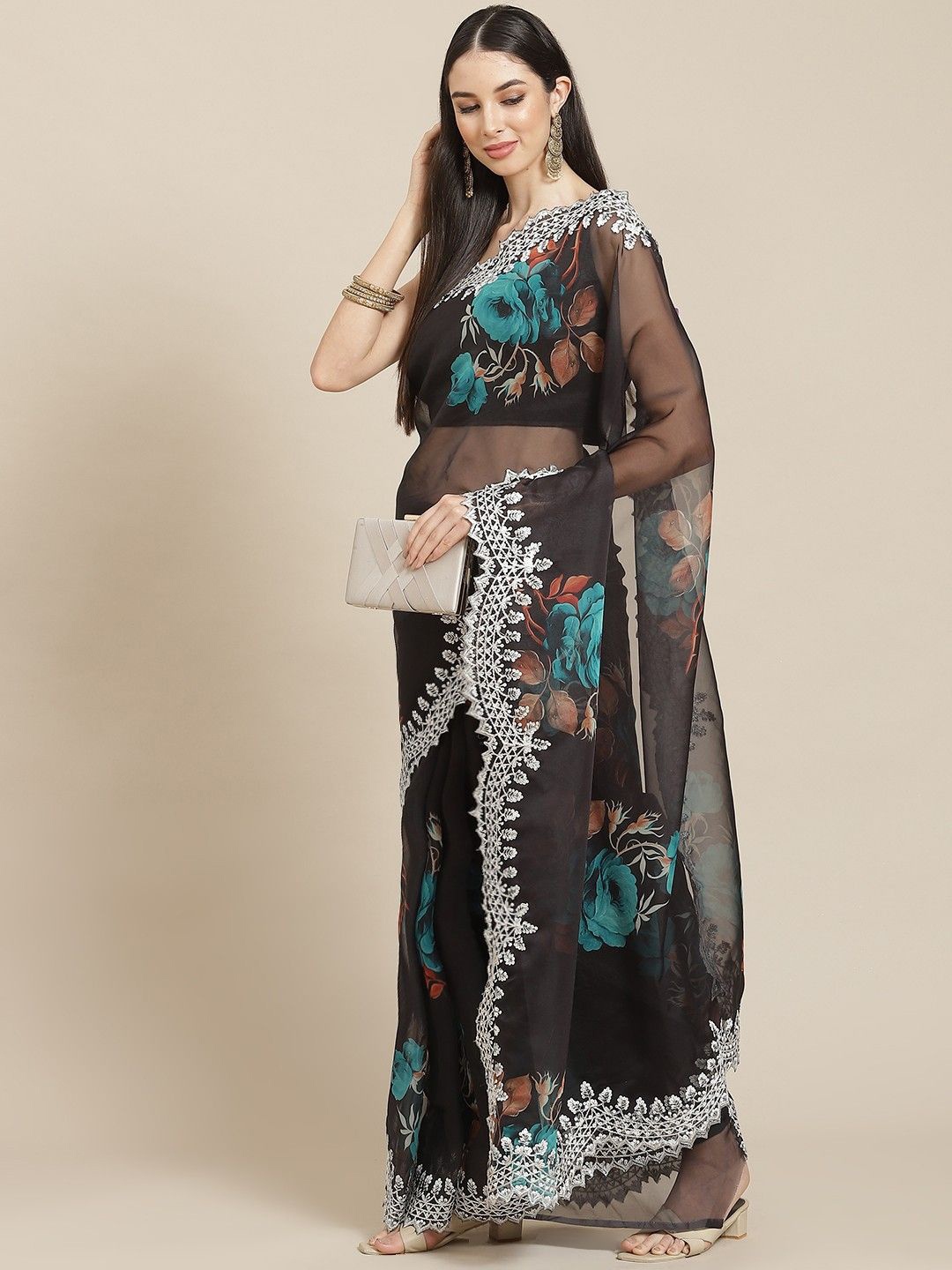 

Anouk Floral Embroidered Organza Saree, Black