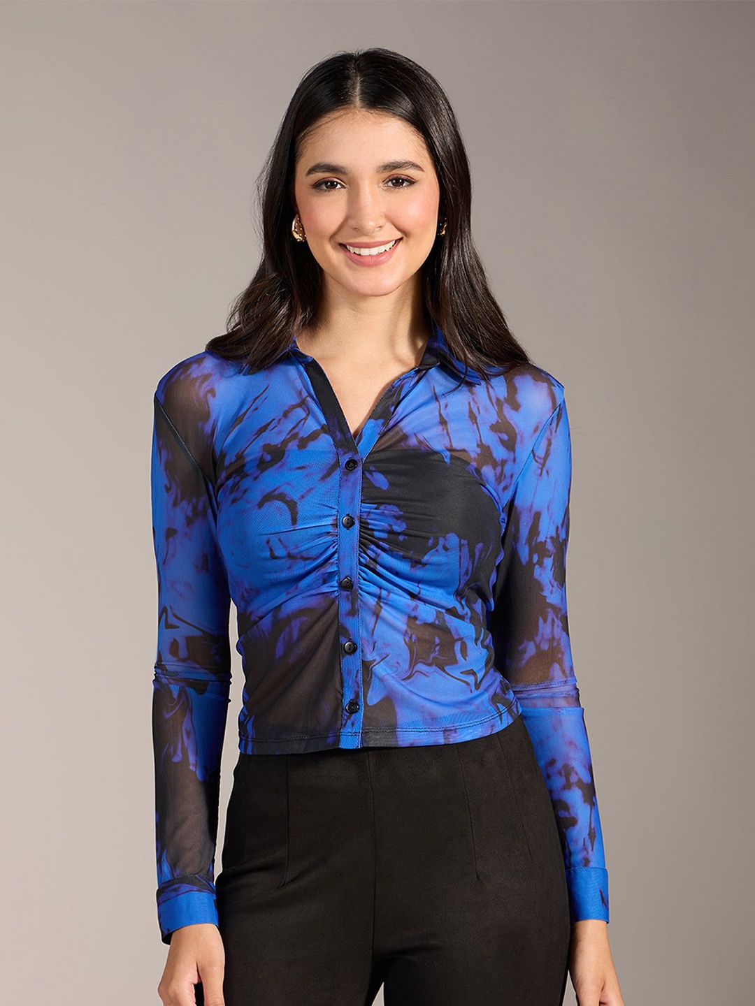 

20Dresses Women Abstract Printed Shirt Collar Top, Blue