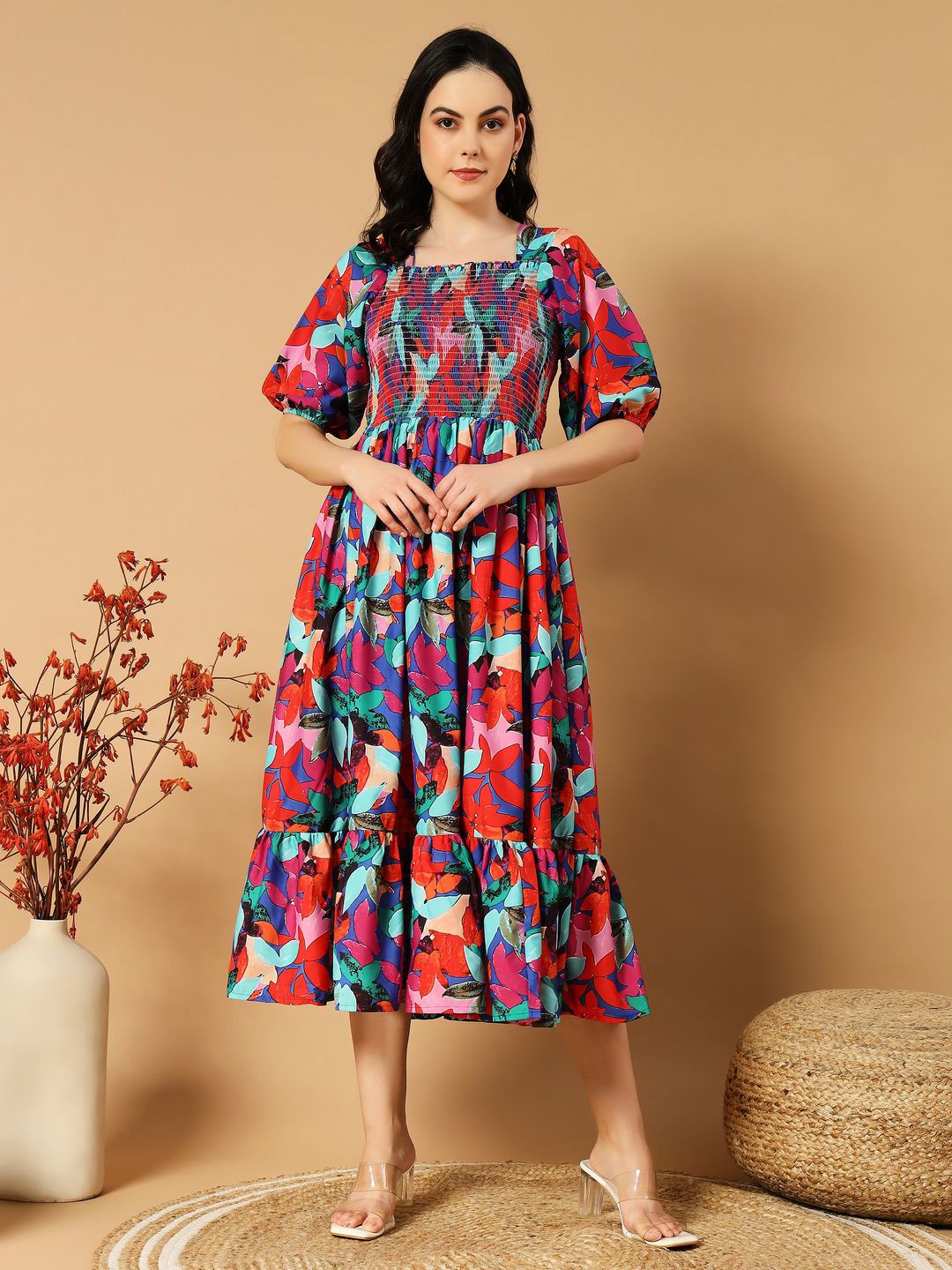 

ZWERLON Floral Print Puff Sleeve Formal A-Line Midi Dress, Red