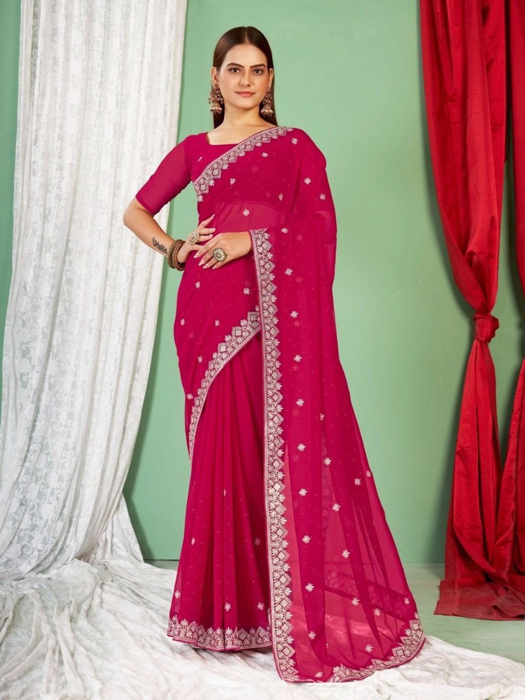 

Mitera Embellished Beads and Stones Pure Georgette Saree, Pink
