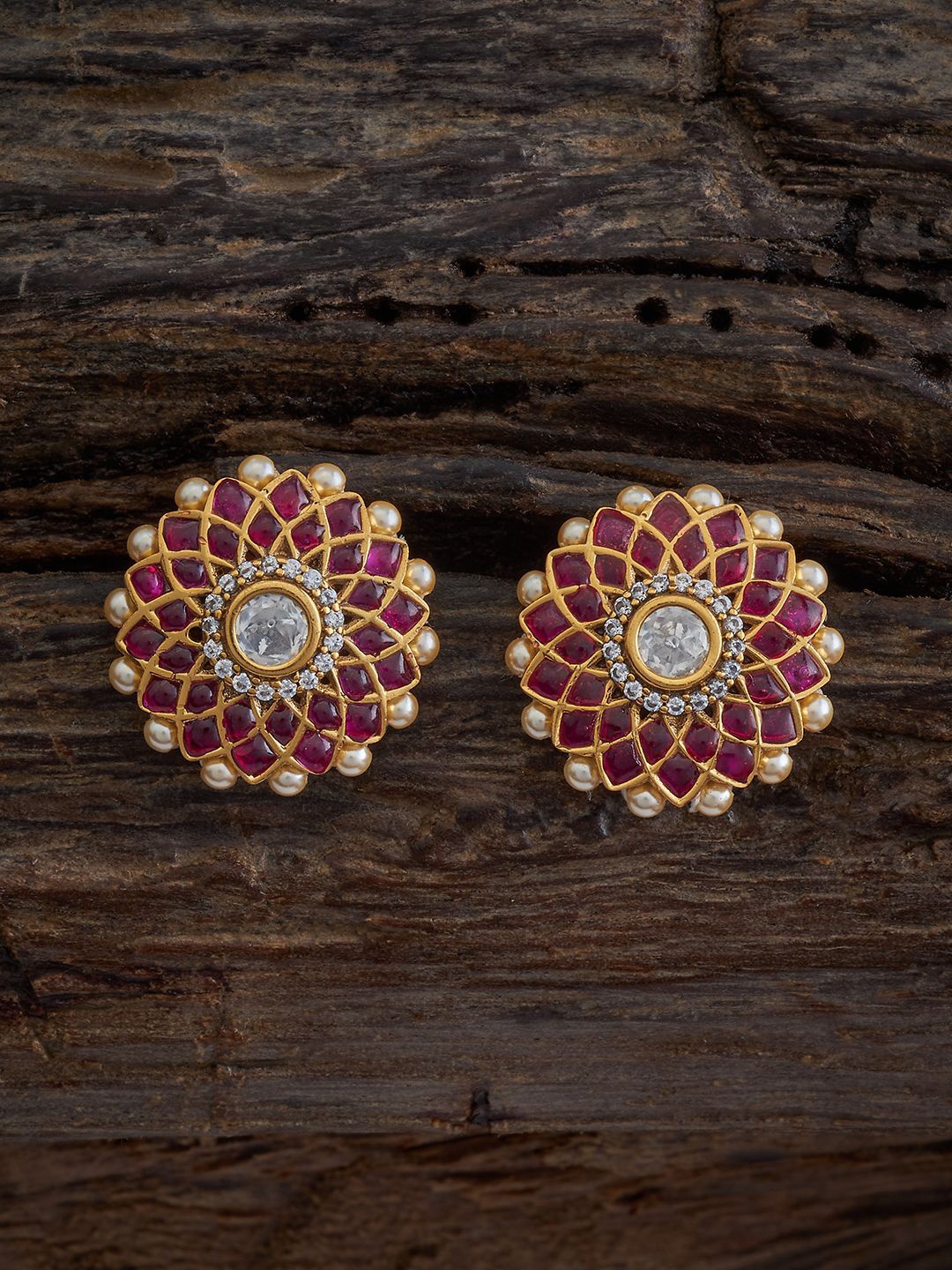 

Kushal's Fashion Jewellery Kundan Studded Floral Studs, Red