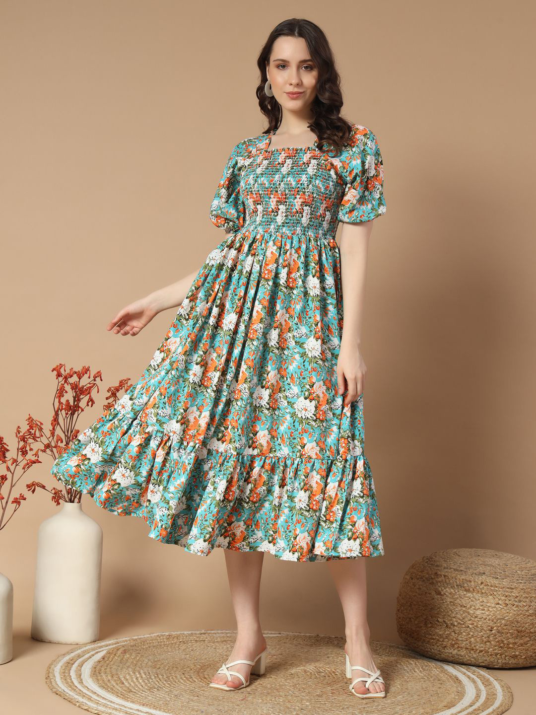 

ZWERLON Floral Print Puff Sleeve Formal A-Line Midi Dress, Blue