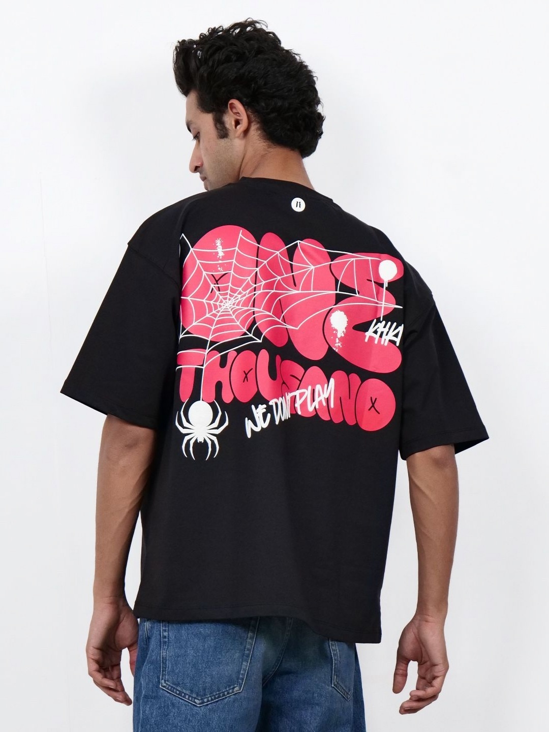 

KHAAKI Men Bio Finish Typography Printed Round Neck Cotton Oversized T-shirt, Black