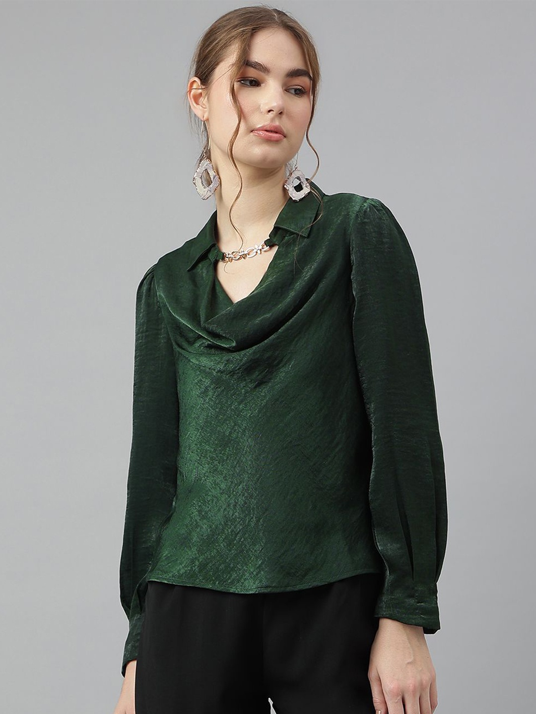 

Latin Quarters Women Solid Shirt Collar Top, Green