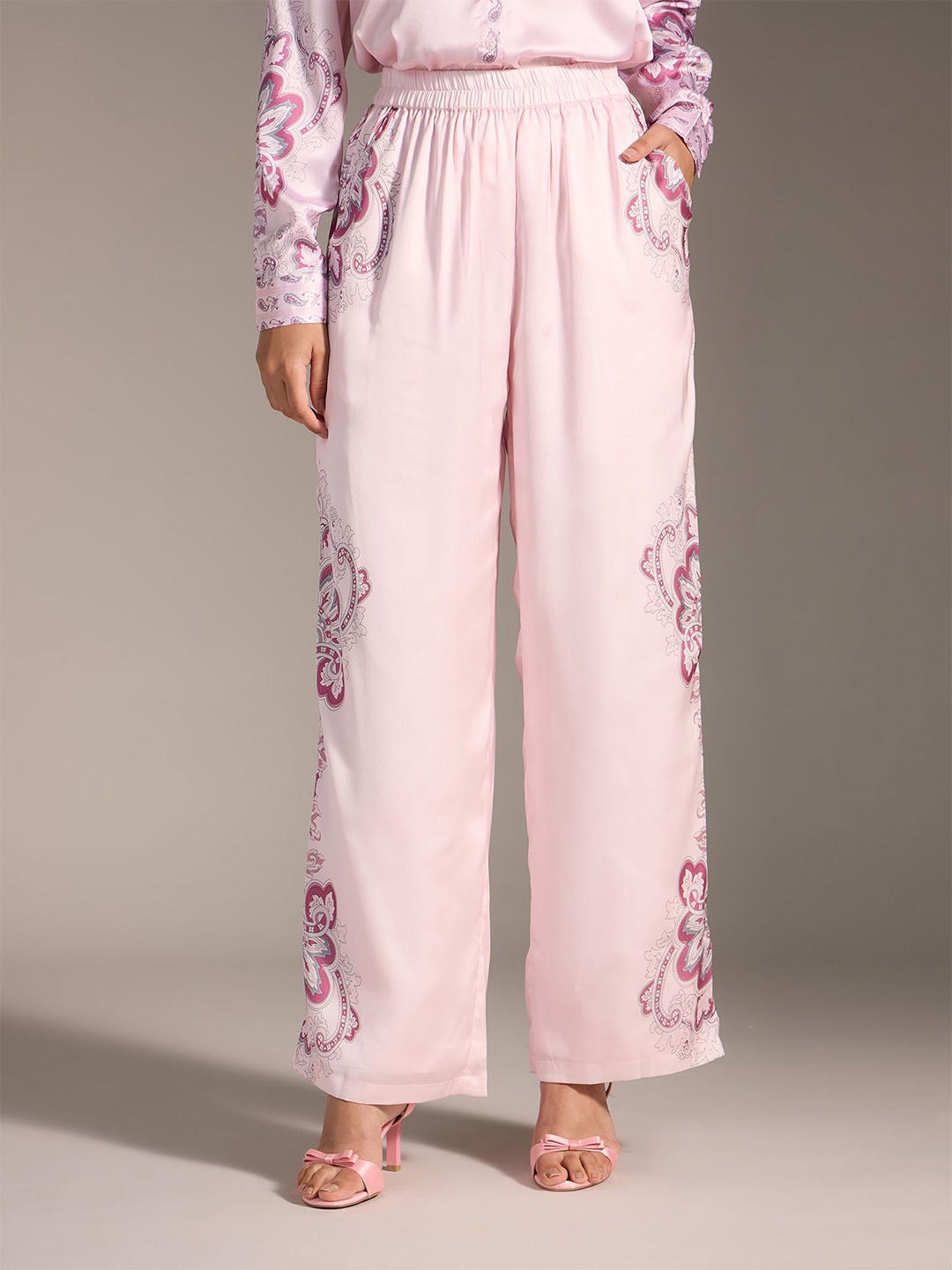 

20Dresses Women Ethnic Motifs Printed High-Rise Wrinkle Free Trousers, Pink