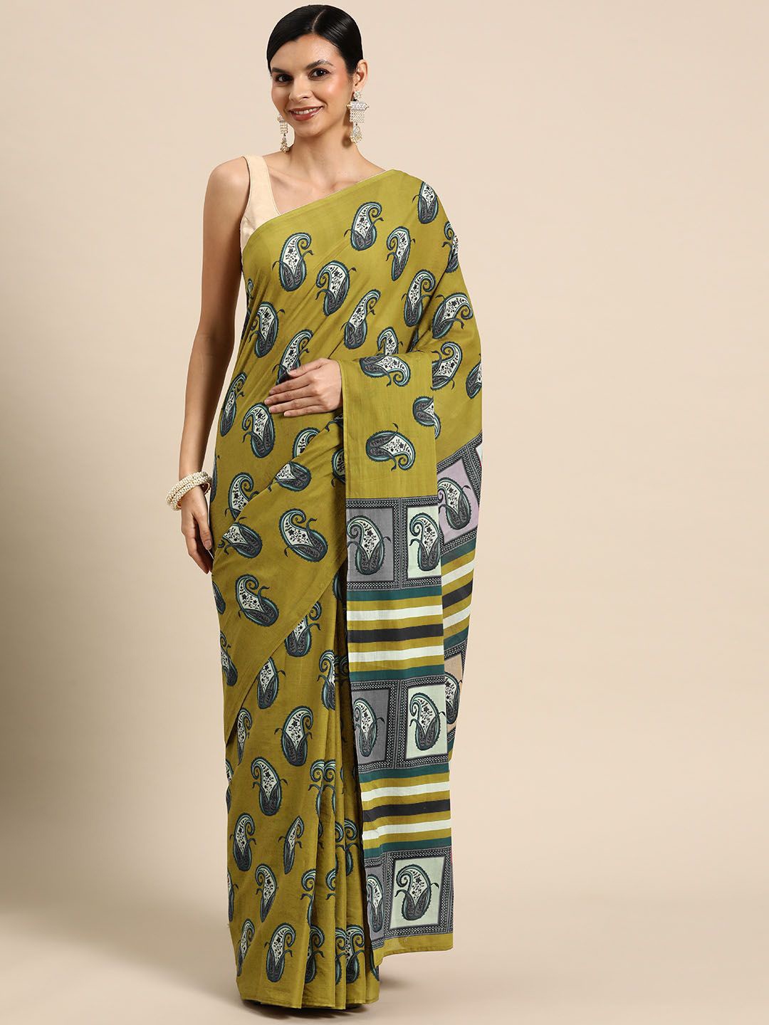 

BUTA BUTI Floral Pure Cotton Saree, Olive