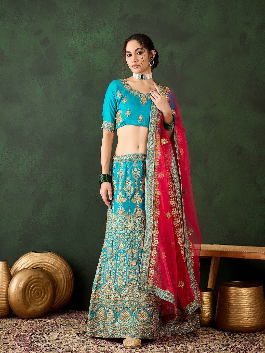 

Sangria Sky Blue Embroidered Beads & Stones Unstitched Lehenga With Choli Dupatta