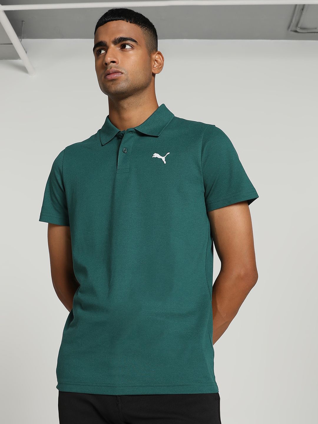 

Puma Men Brand Logo Printed Slim Fit Polo Collar Cotton T-shirt, Teal