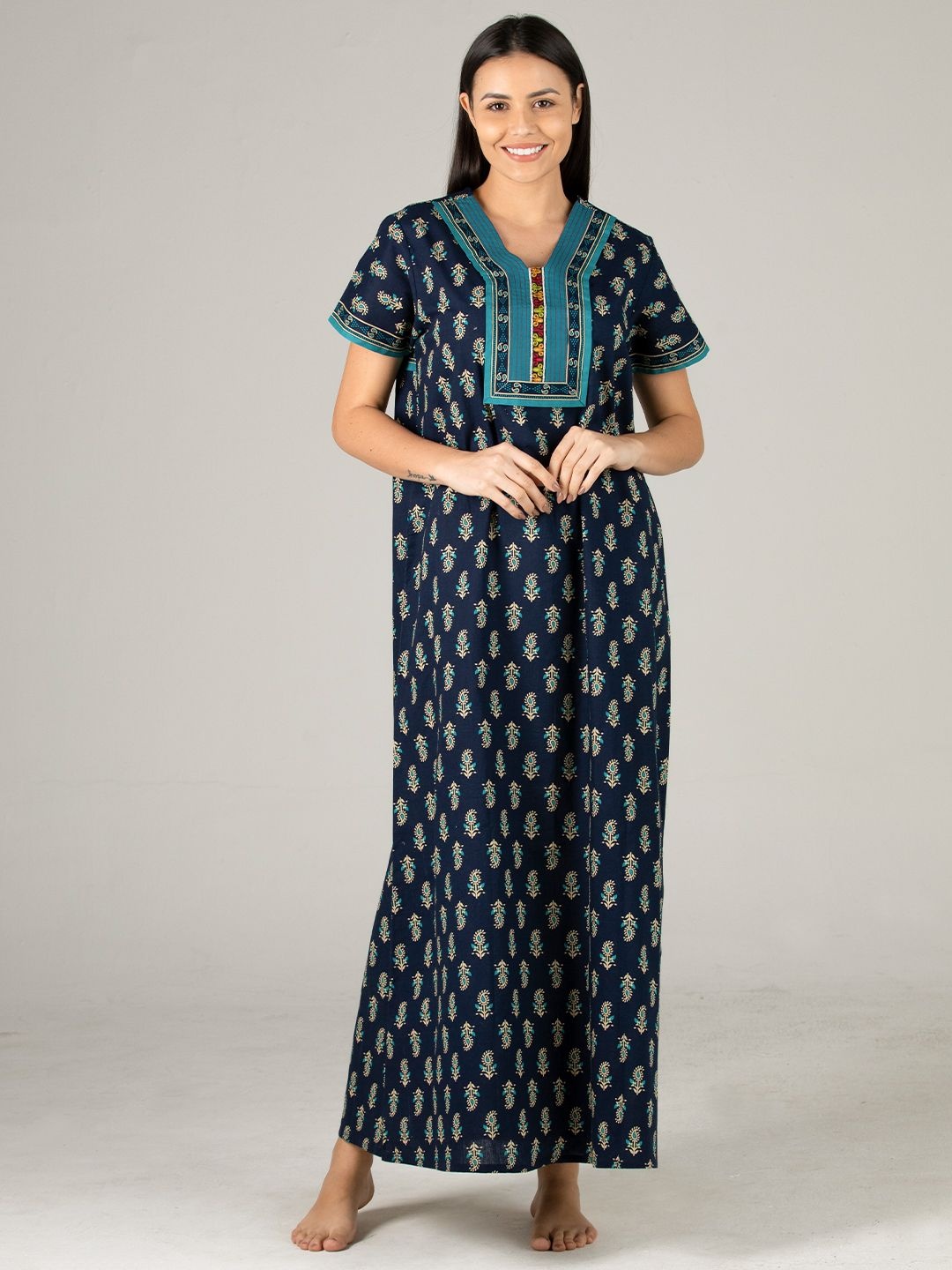 

evolove Printed Pure Cotton Maxi Nightdress, Blue