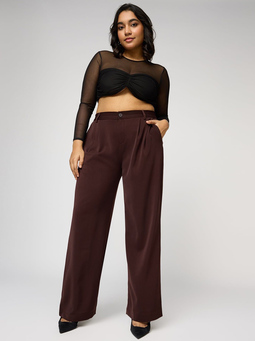 

FREAKINS Women Curve Pleated Straight Korean Pant, Brown