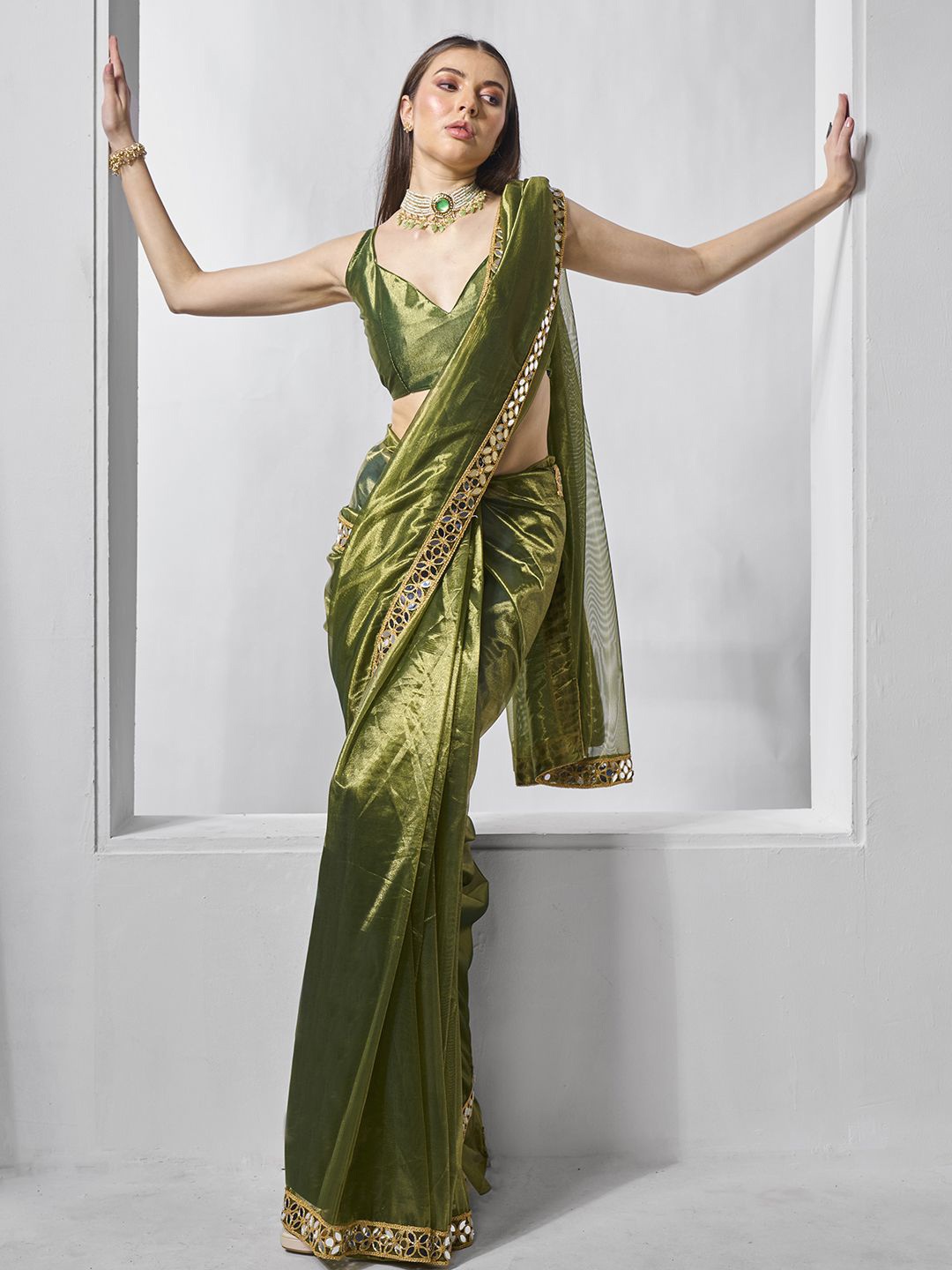 

Mitera Mirror Work Organza Saree, Green