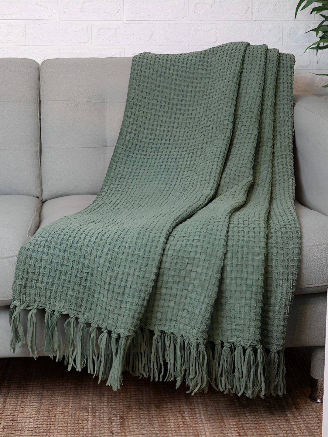 

BELLA TRUE Olive Green Self Design Cotton Chenille Throw