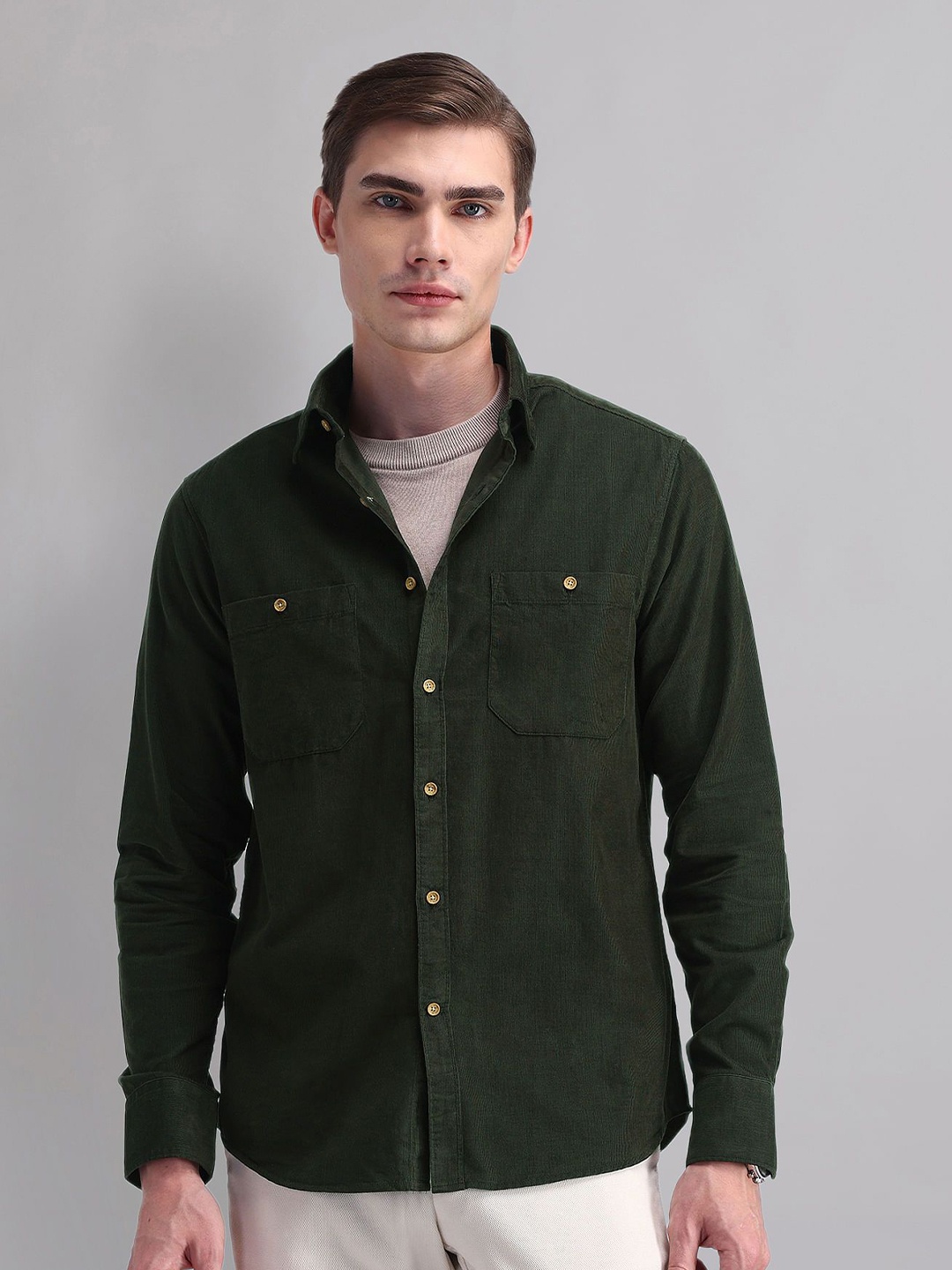 

AD By Arvind Men Spread Collar Solid Cotton Slim Fit Casual Shirt, Green