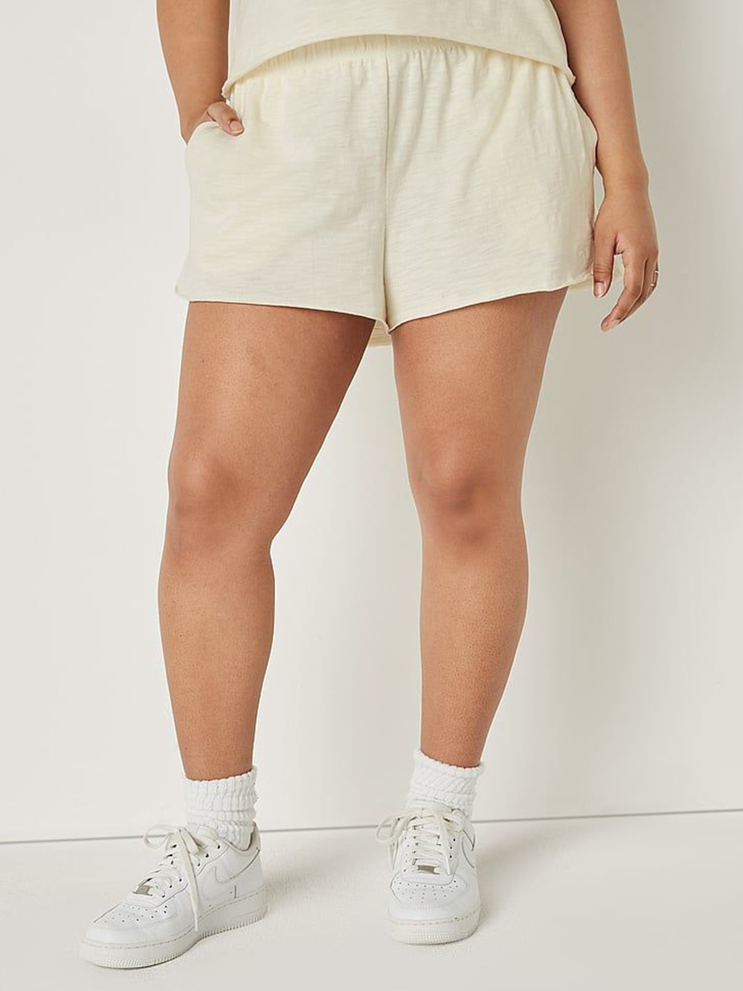 

Victoria's Secret PINK Cotton Curve Hem Shorts With Pockets, Beige