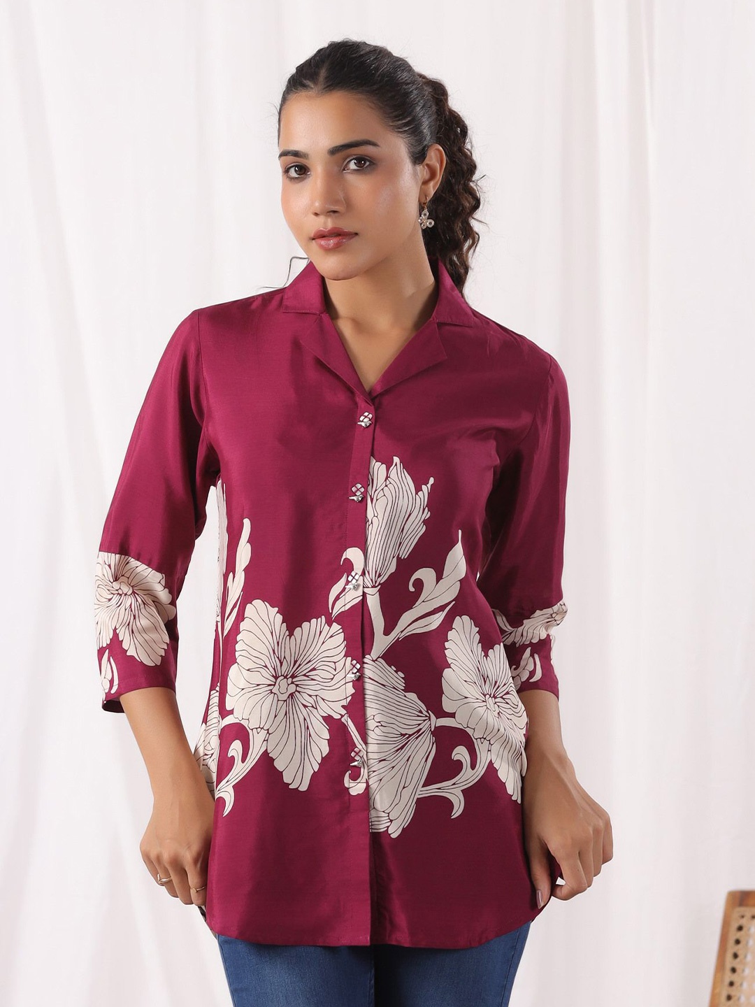 

JISORA Women Floral Printed Shirt Collar Pure Silk Top, Maroon