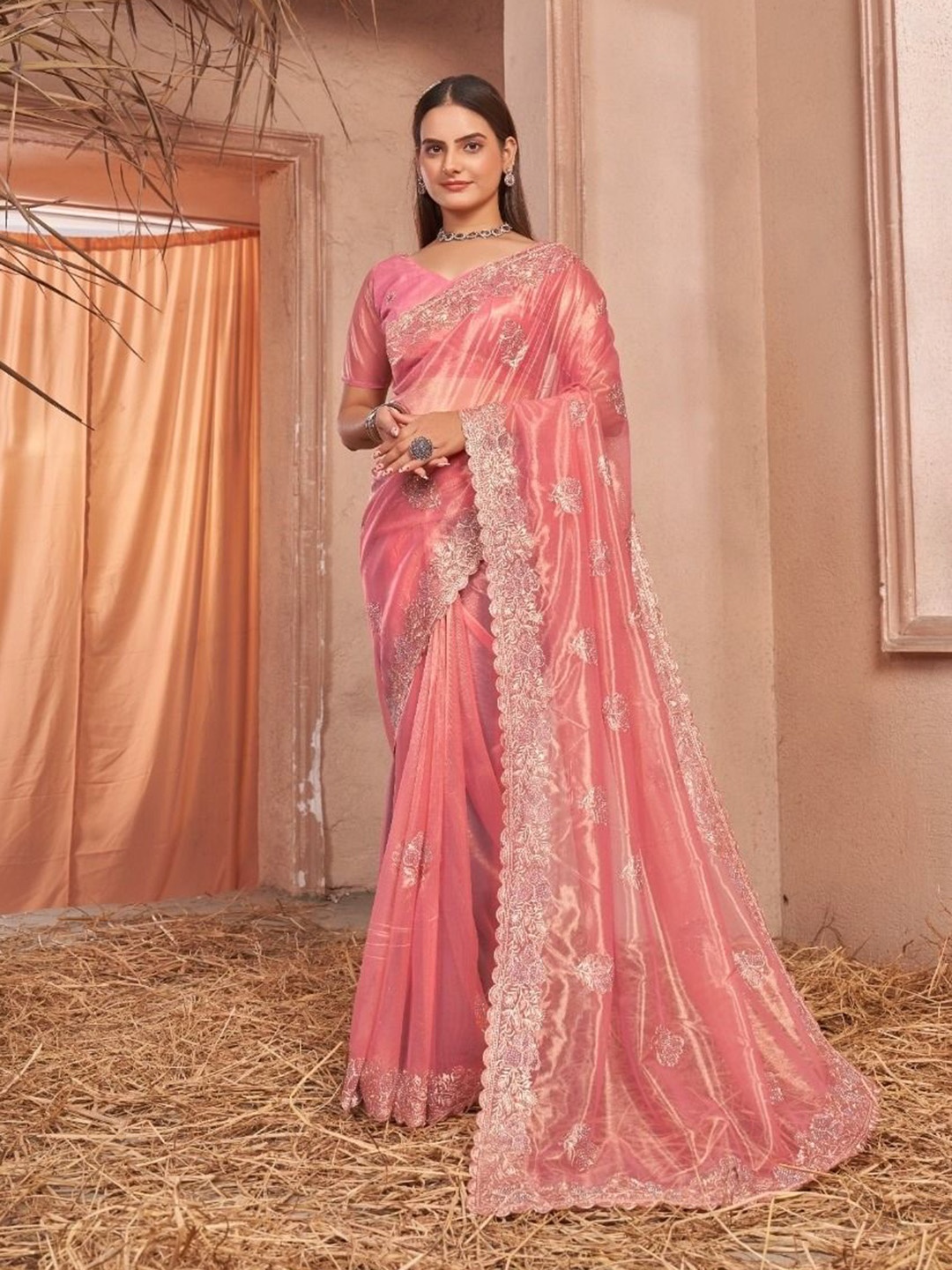 

Mitera Embellished Embroidered Organza Saree, Pink