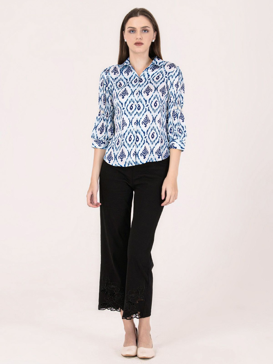 

Albion By CnM Women Floral Printed Shirt Collar Cotton Top, Blue