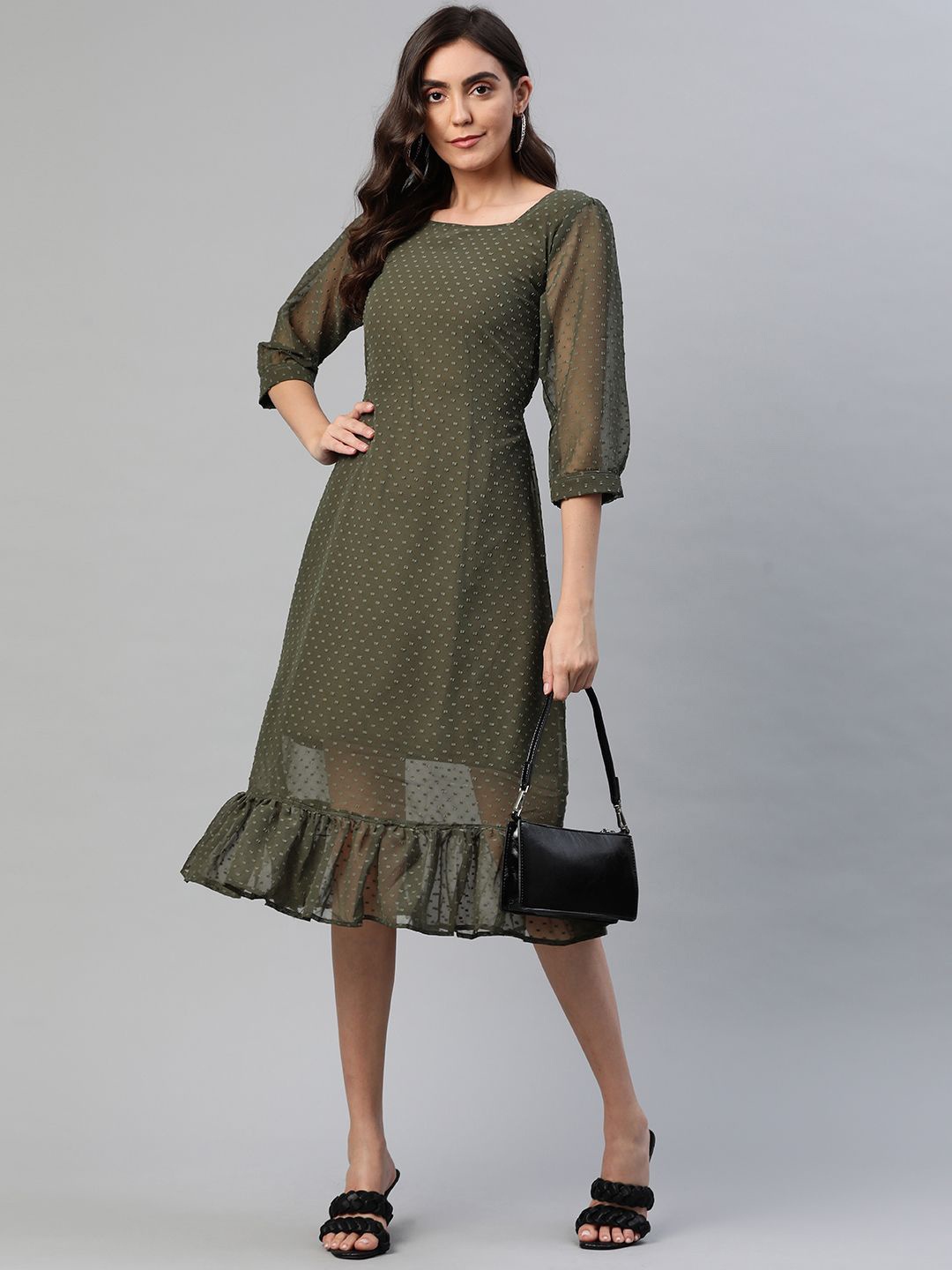 

BAESD Women Self Design A-Line Midi Dress, Green