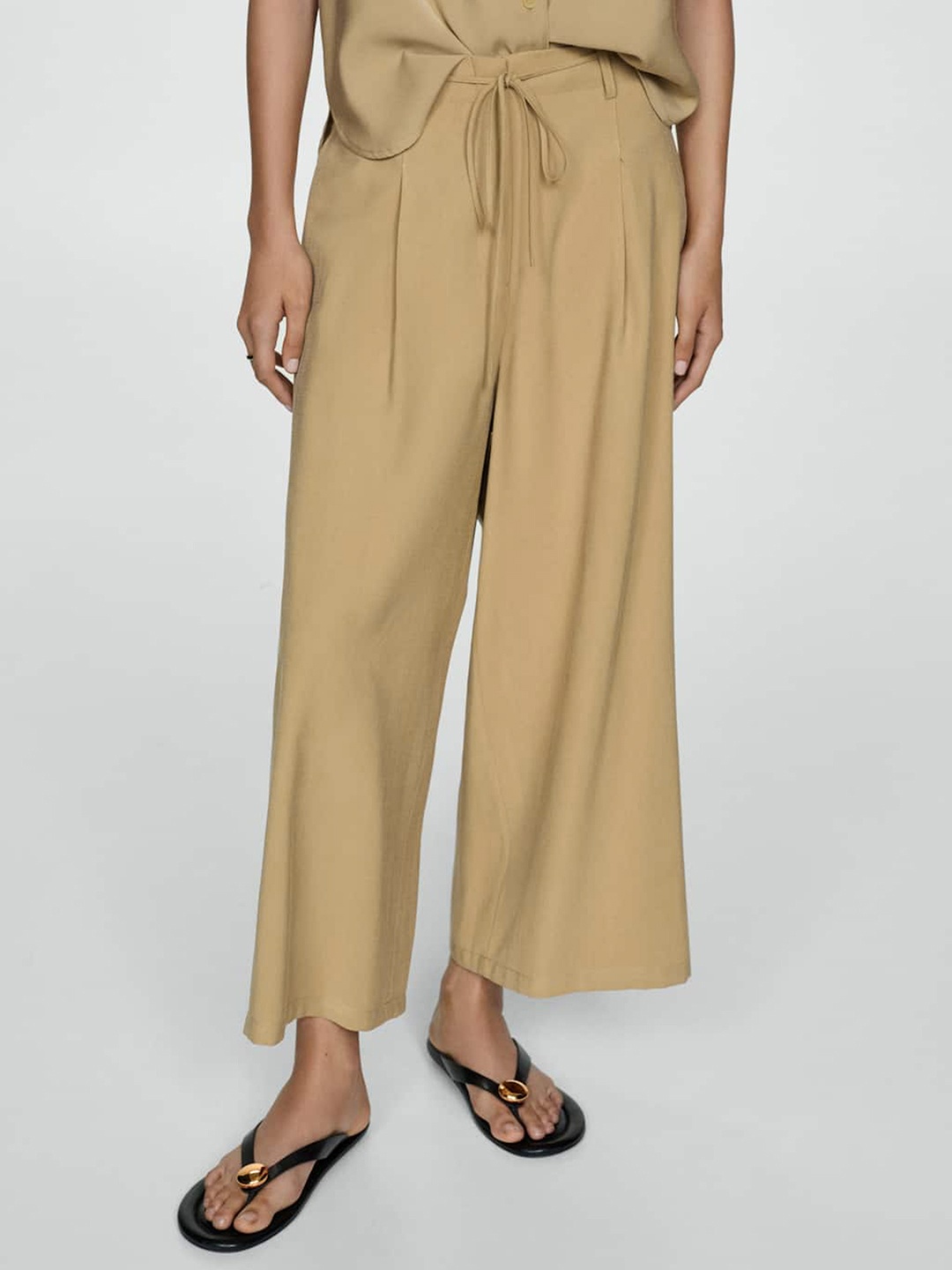 

MANGO Women Wide Leg Cropped Trousers, Beige