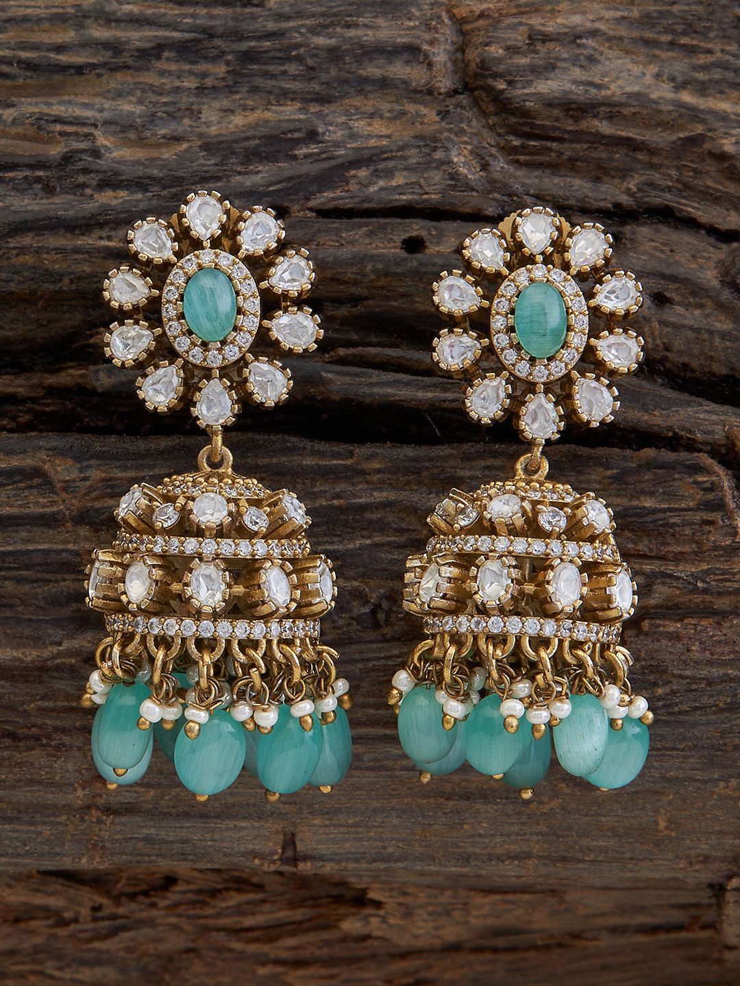 

Kushal's Fashion Jewellery Dome Shaped Kundan Jhumkas, Sea green