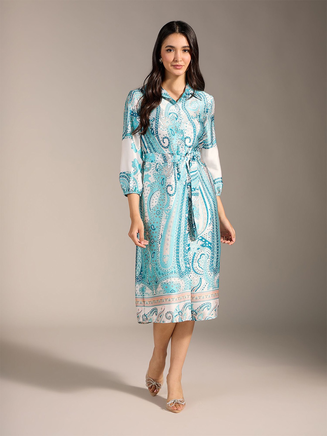 

20Dresses Floral Print Puff Sleeve Satin Sheath Midi Dress, Blue