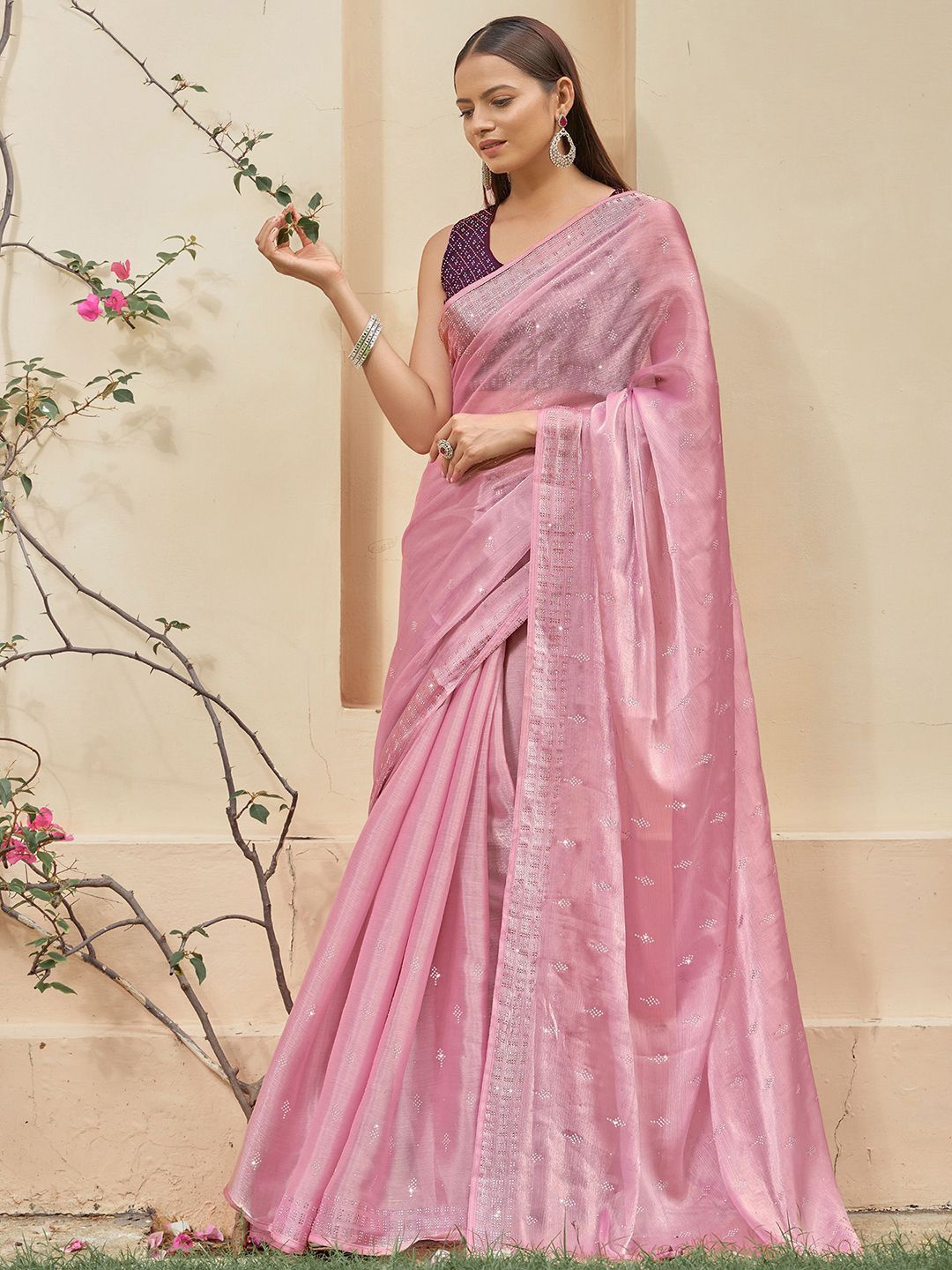 

Satrani Embellished Beads and Stones Tissue Saree, Pink