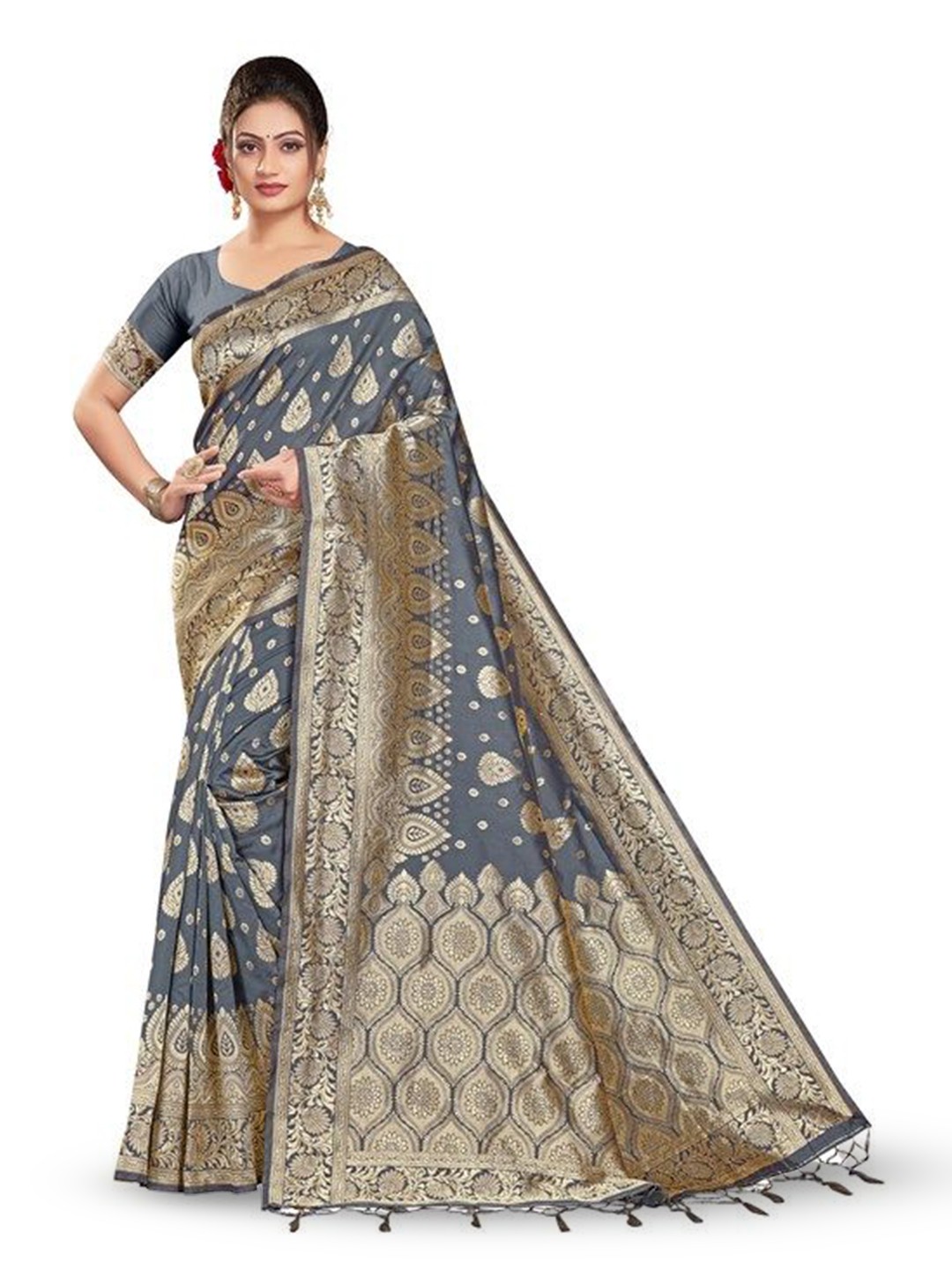 

DIVASTRI Woven Design Zari Silk Blend Banarasi Saree, Grey