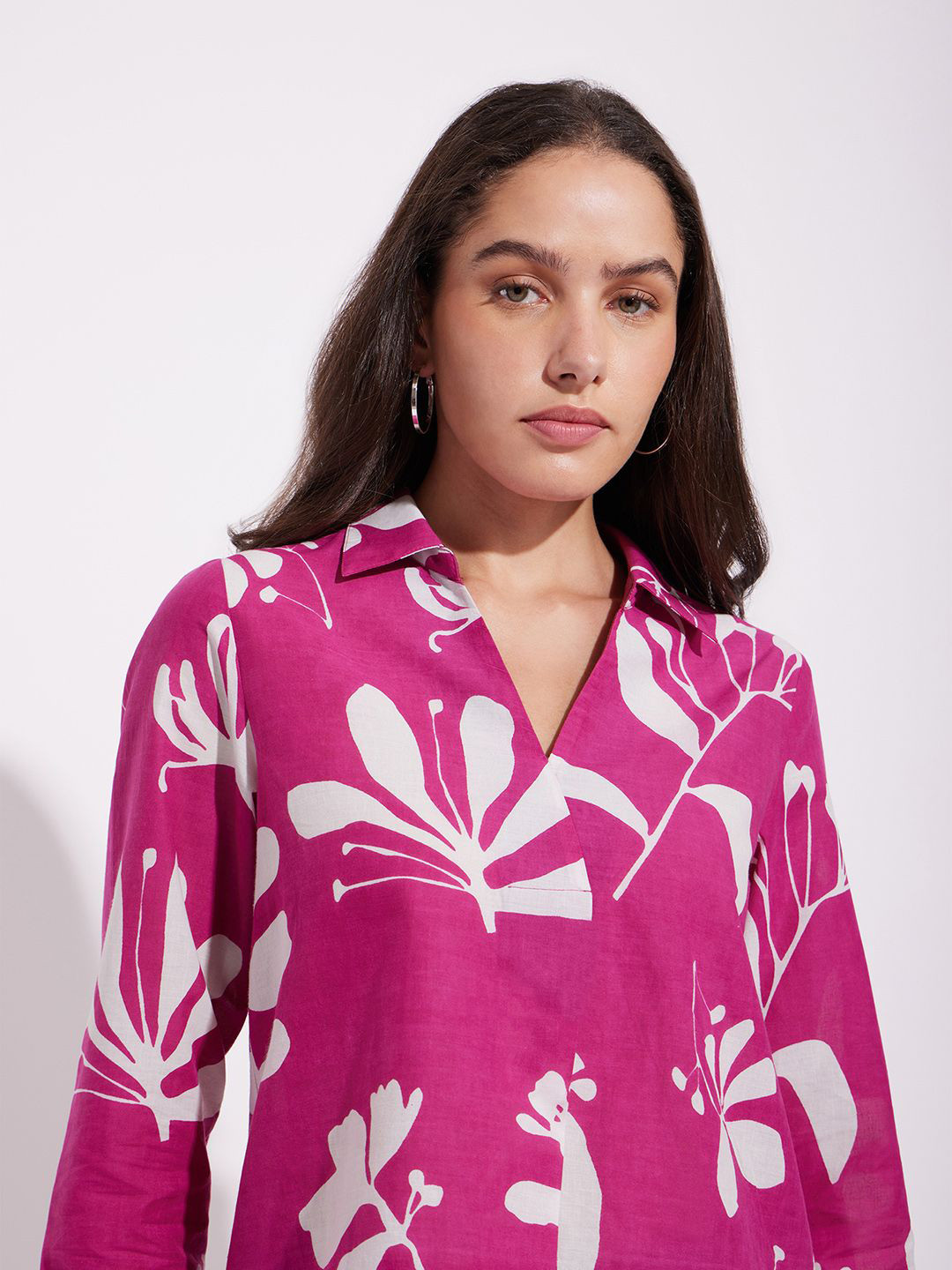 

Pink Fort Women Floral Printed Shirt Collar Cotton Top