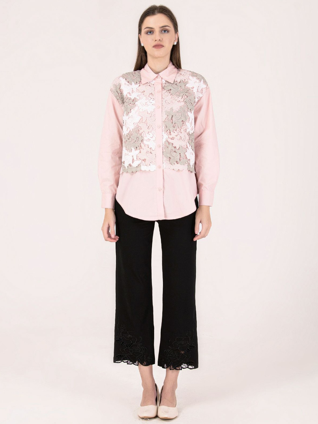 

Albion By CnM Women Self Design Shirt Collar Cotton Top, Peach