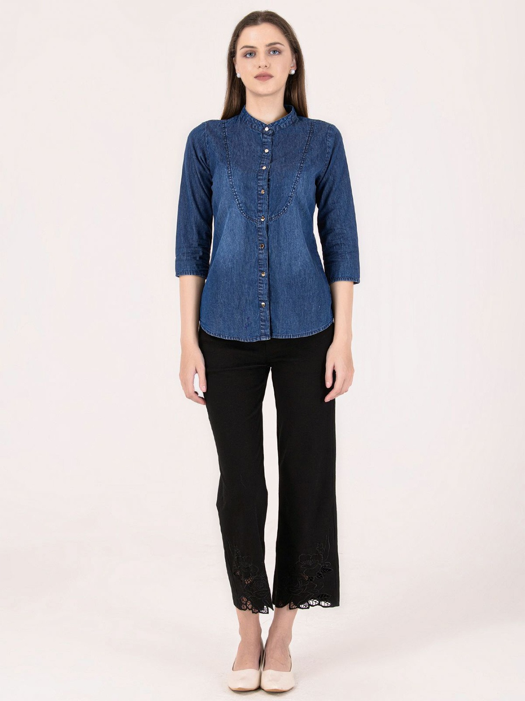 

Albion By CnM Women Solid Mandarin Collar Cotton Top, Blue