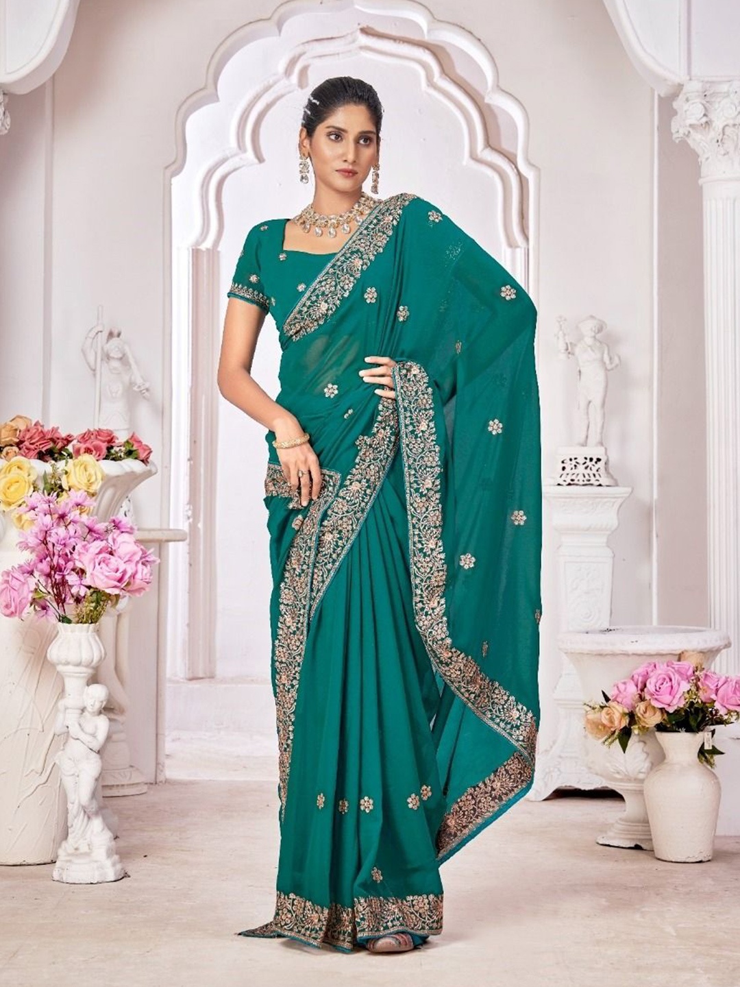 

Mitera Ethnic Motifs Embroidered Pure Georgette Saree, Teal