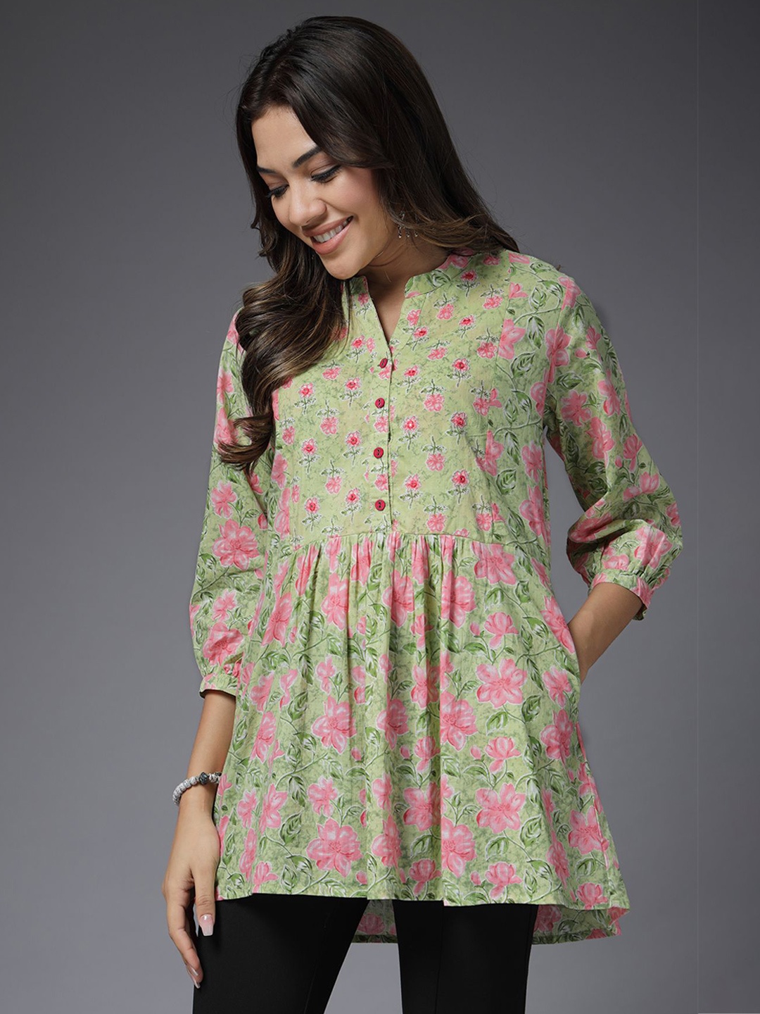 

House Of Zelena Women Floral Printed Mandarin Collar Cotton Maternity Top, Green