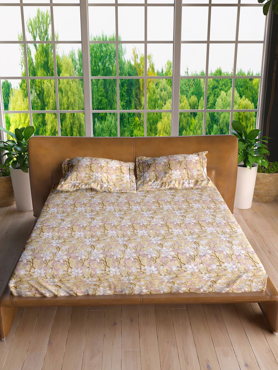 

LABHAM Yellow & Pink Printed 160 TC Pure Cotton King Bedsheet With 2 Pillow Covers