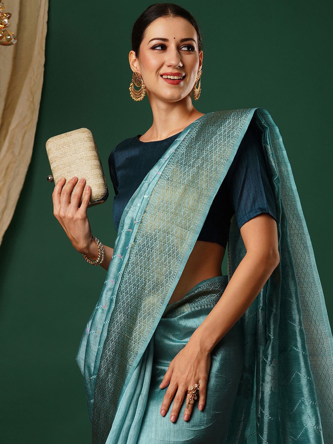 

Satrani Ethnic Motifs Sequinned Pure Silk Saree, Blue