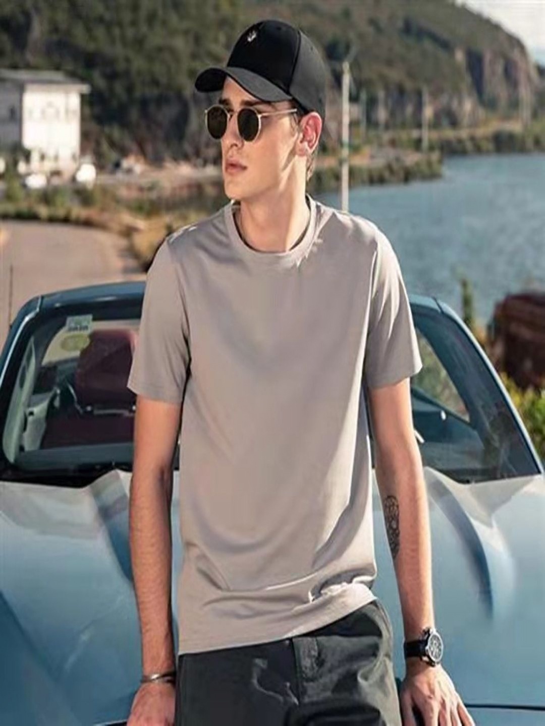 

StyleCast Men Henley Neck Raw Edge T-shirt, Grey