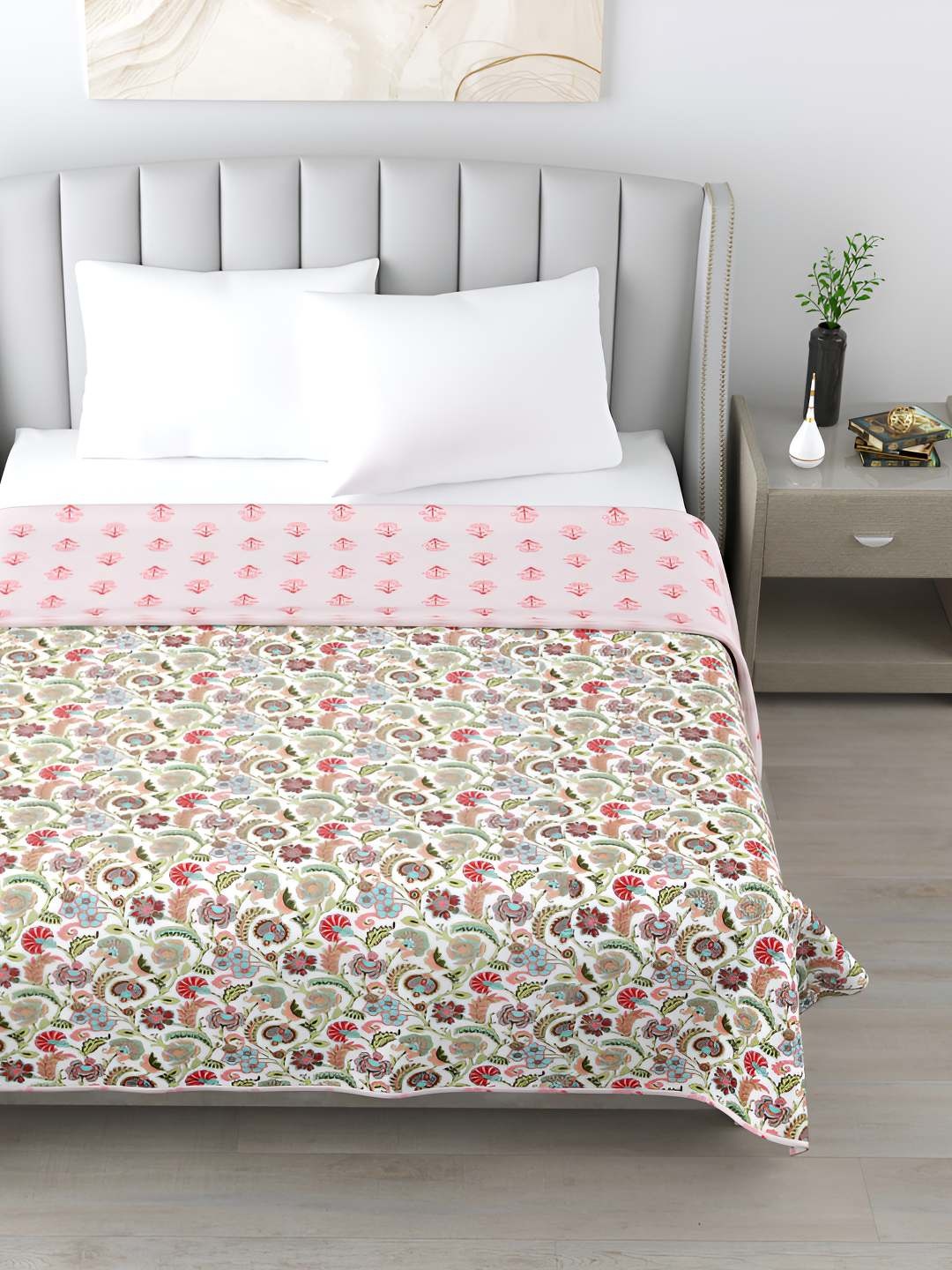 

Jinaya's White & Green Floral Printed Cotton AC Room 300 GSM Reversible Double Bed Dohar