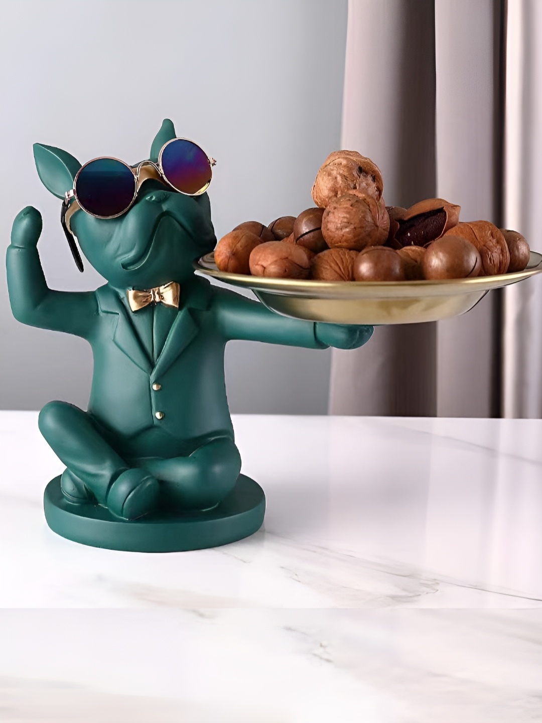 

SMOKEY COCKTAIL Green & Gold-Toned Sturdy Dog Statue With Tray Showpiece