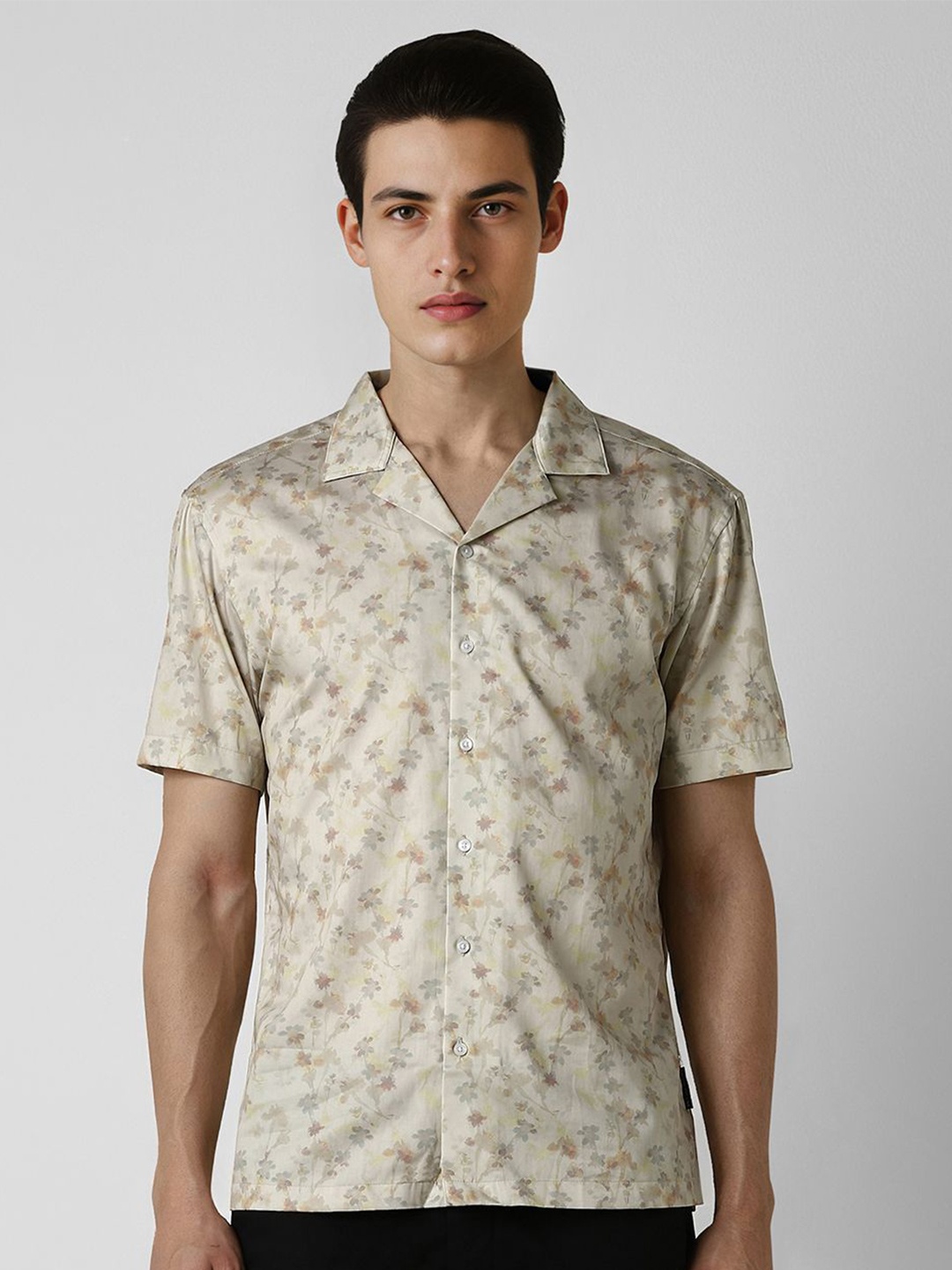 

V Dot Men Cuban Collar Floral Printed Cotton Slim Fit Party Shirt, Beige